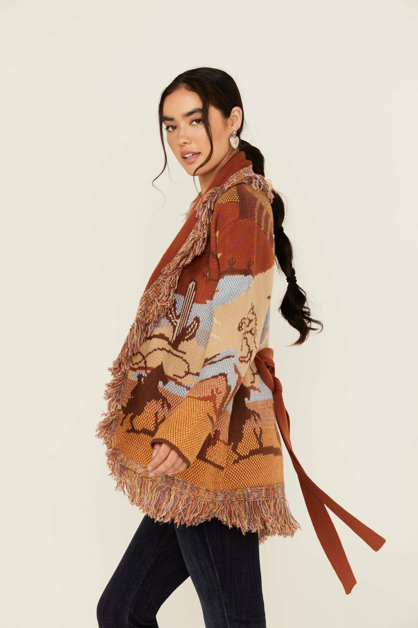 Idyllwind Minette Western Scenic Fringe Cardigan Lt Brown