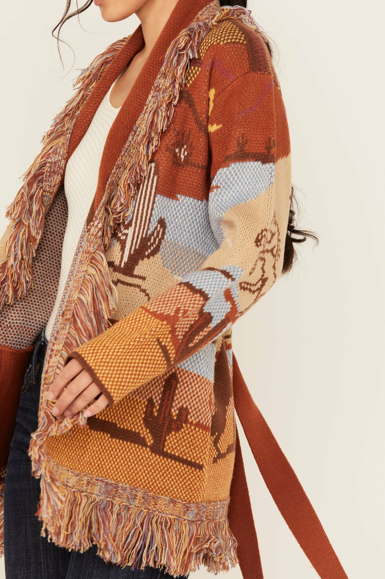 Idyllwind Minette Western Scenic Fringe Cardigan Lt Brown