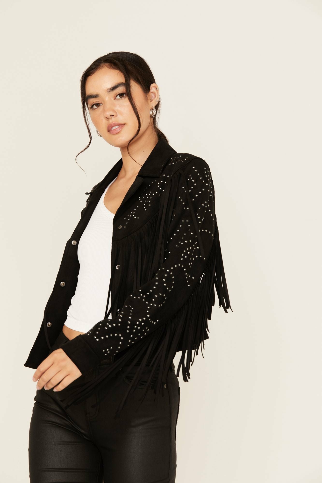 Idyllwind Blair Fringe and Studded Faux Suede Snap Jacket Black