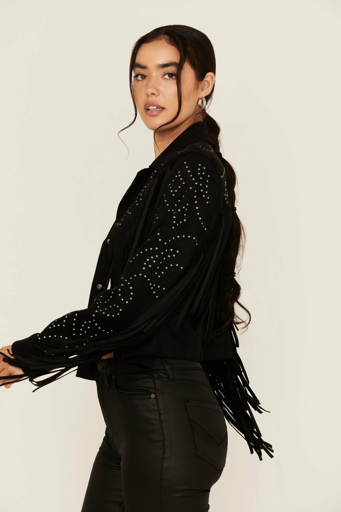Idyllwind Blair Fringe and Studded Faux Suede Snap Jacket Black