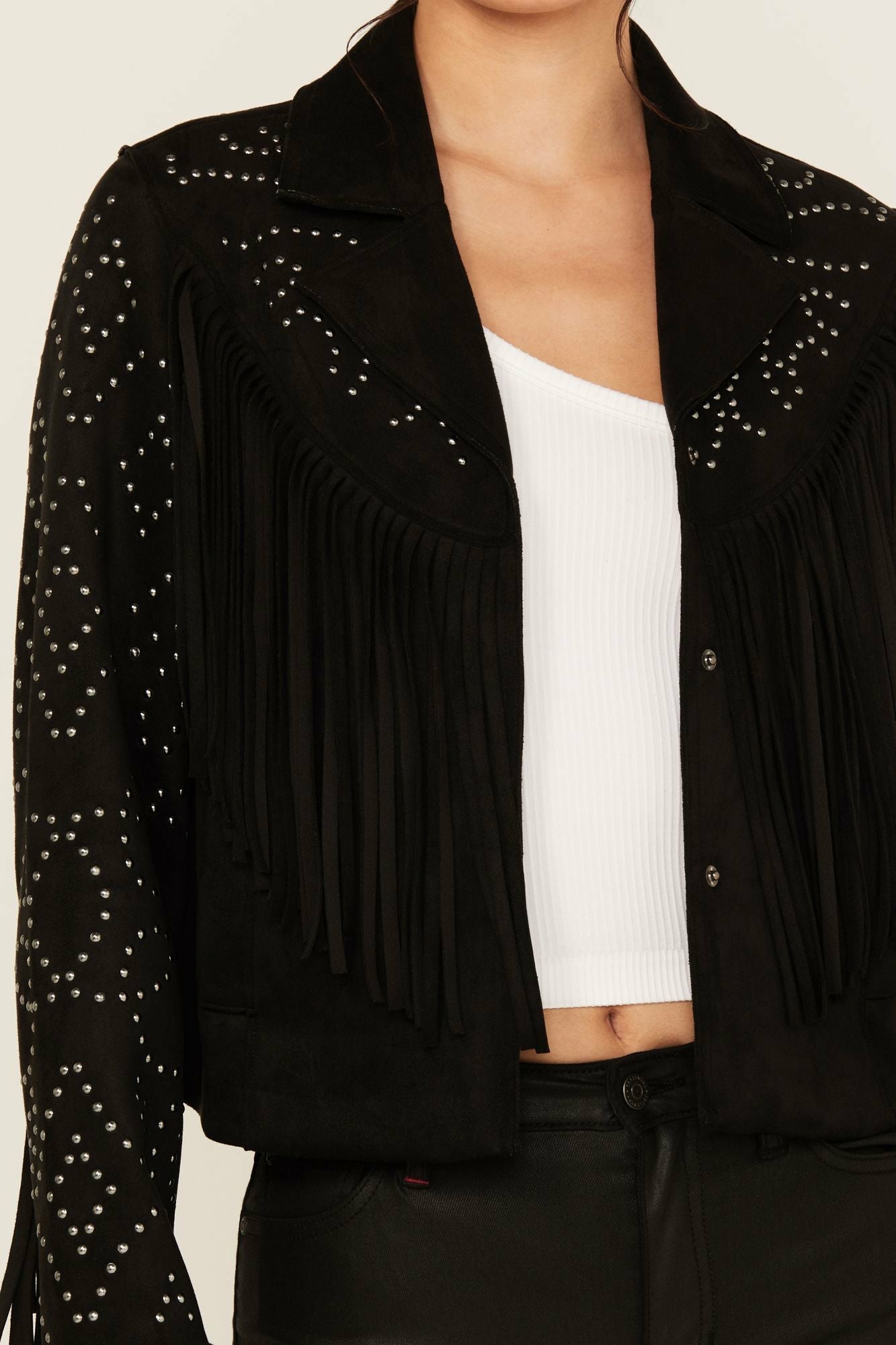 Idyllwind Blair Fringe and Studded Faux Suede Snap Jacket Black