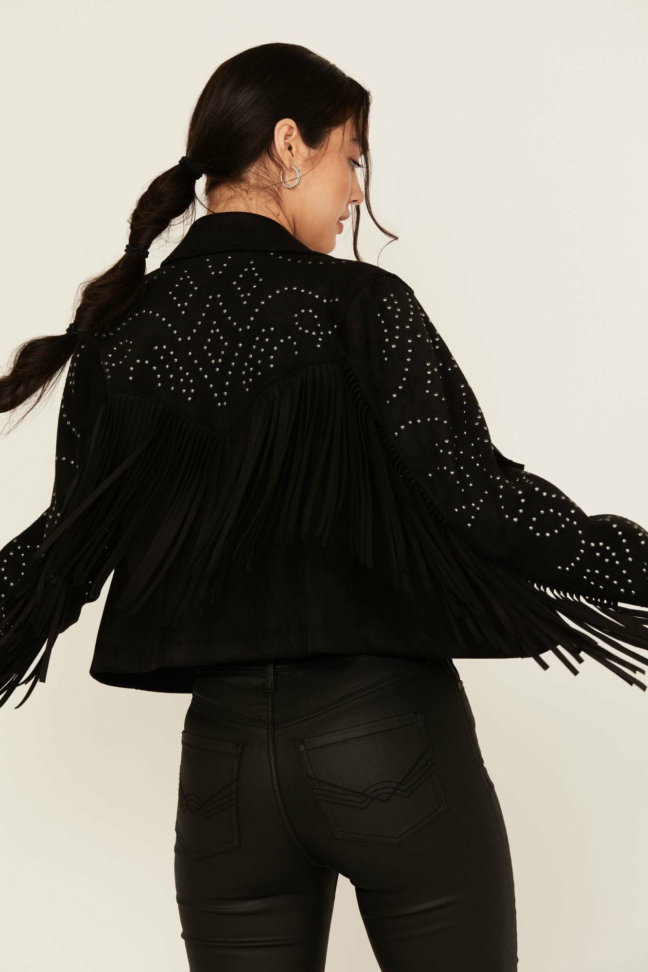 Idyllwind Blair Fringe and Studded Faux Suede Snap Jacket Black