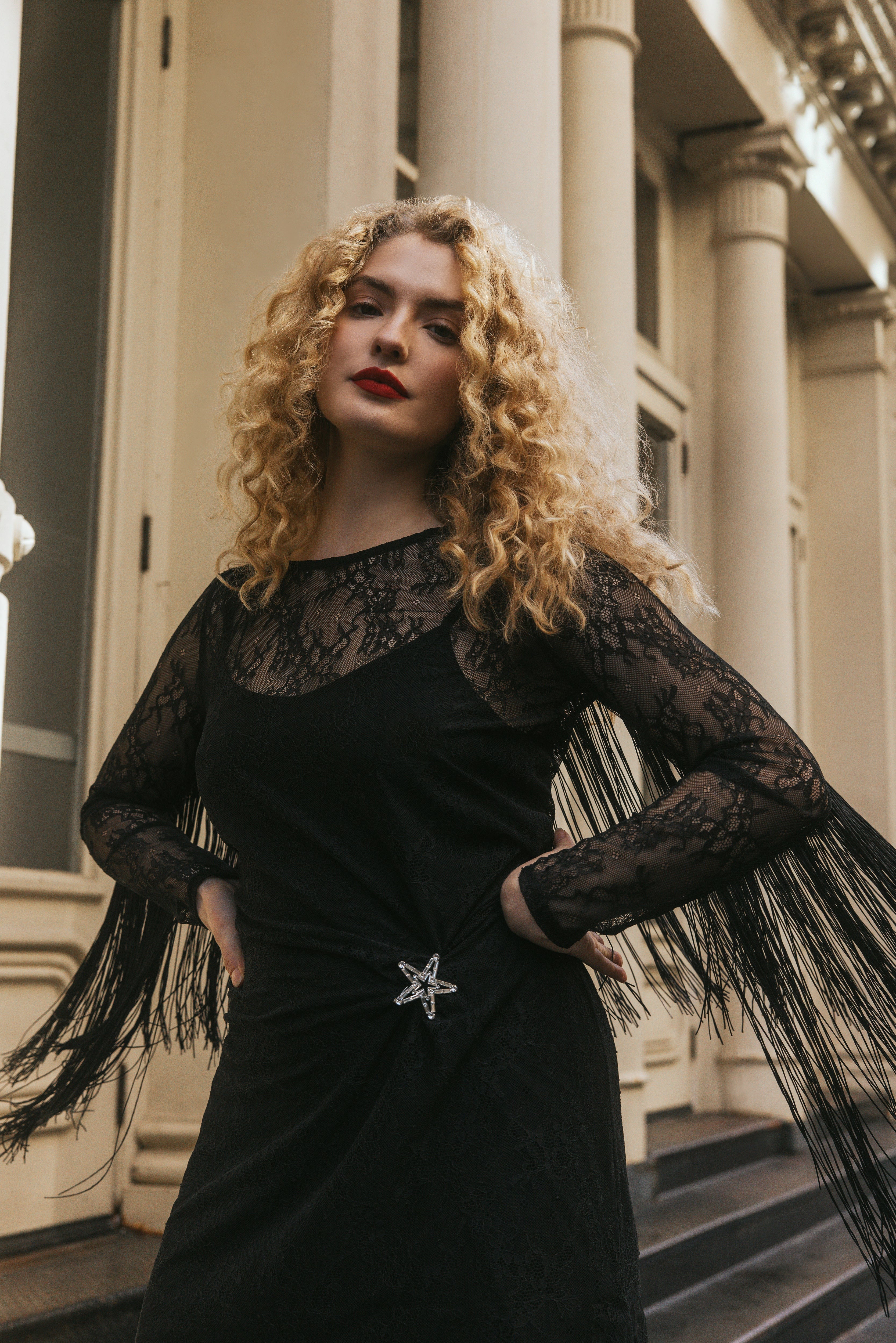 Idyllwind Melvin Lace Fringe Long Sleeve Mini Dress Black