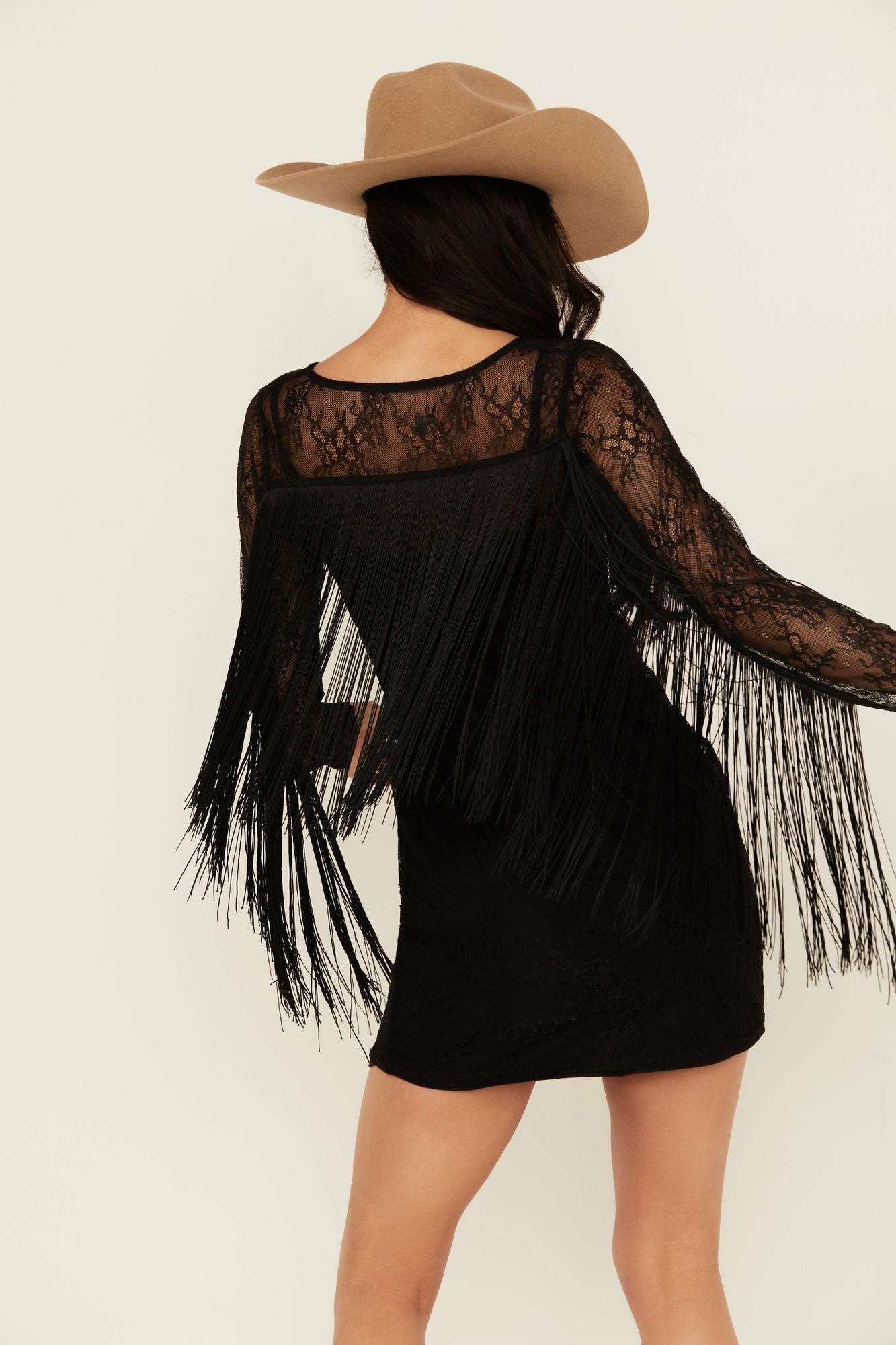 Idyllwind Melvin Lace Fringe Long Sleeve Mini Dress Black