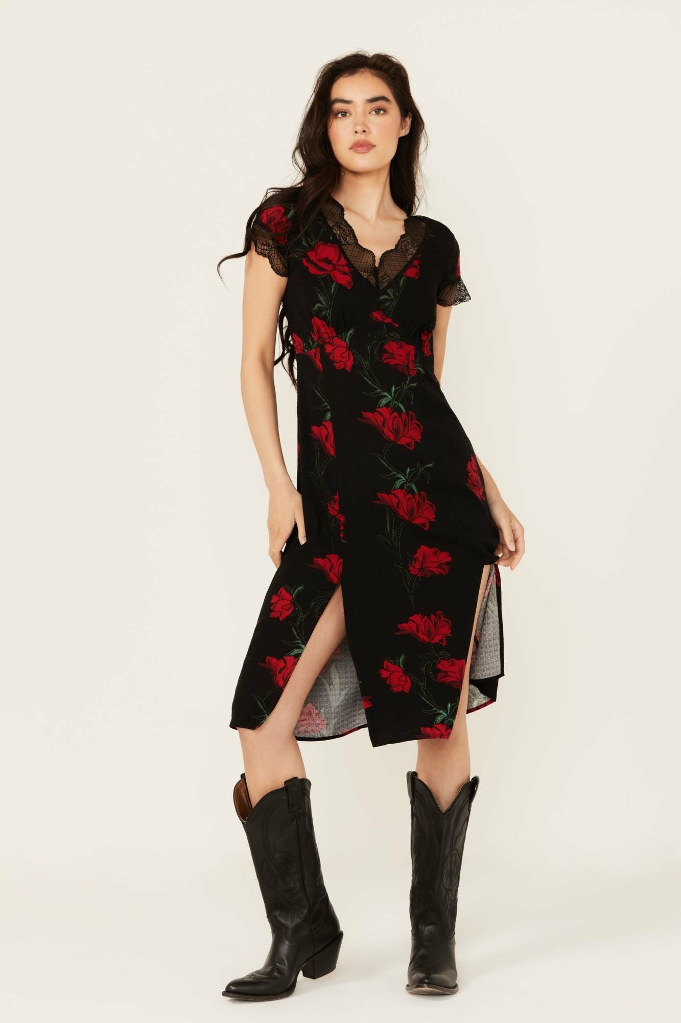 Idyllwind Rosely Floral Print Lace Trim Midi Dress Black