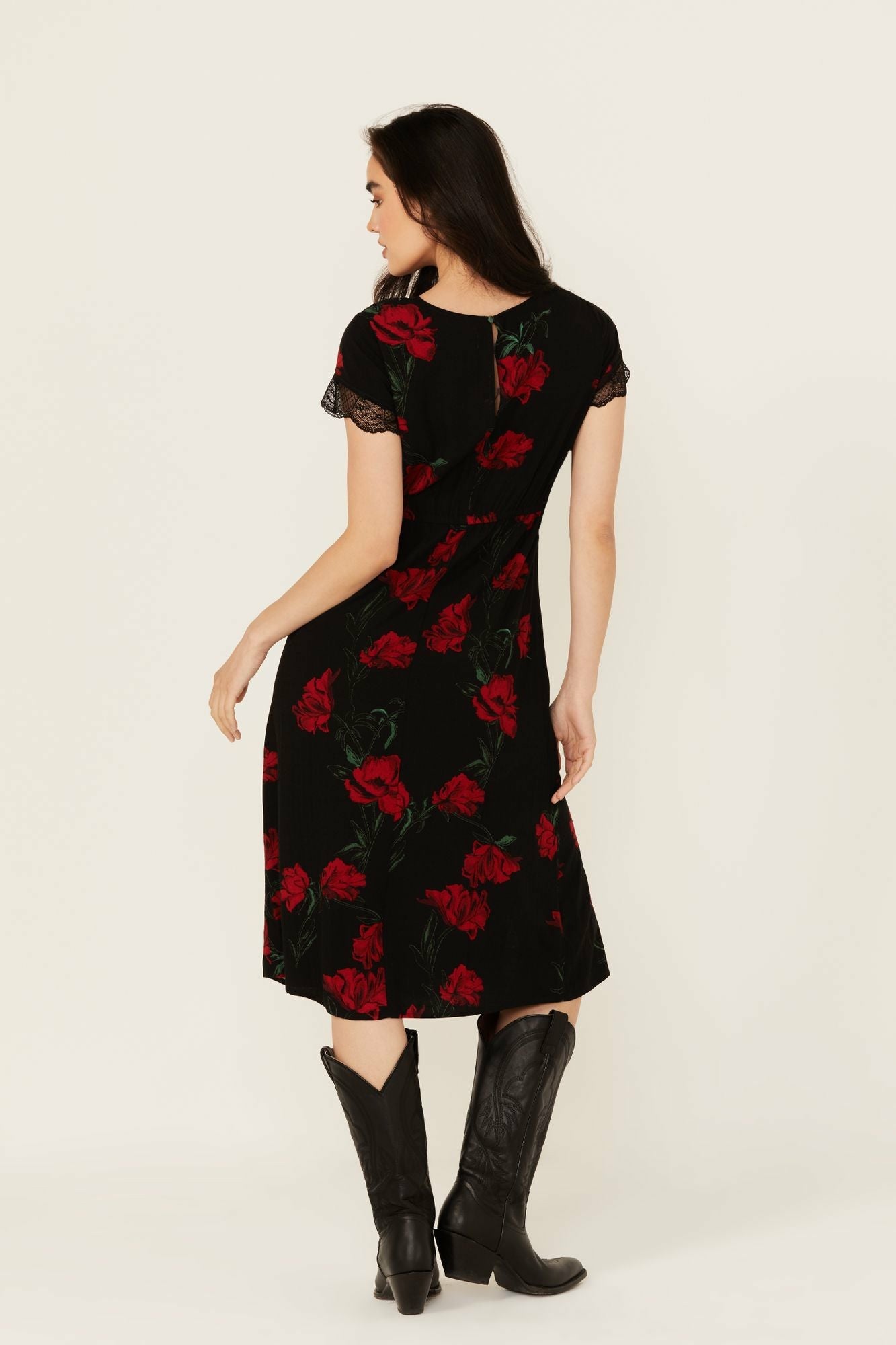 Idyllwind Rosely Floral Print Lace Trim Midi Dress Black