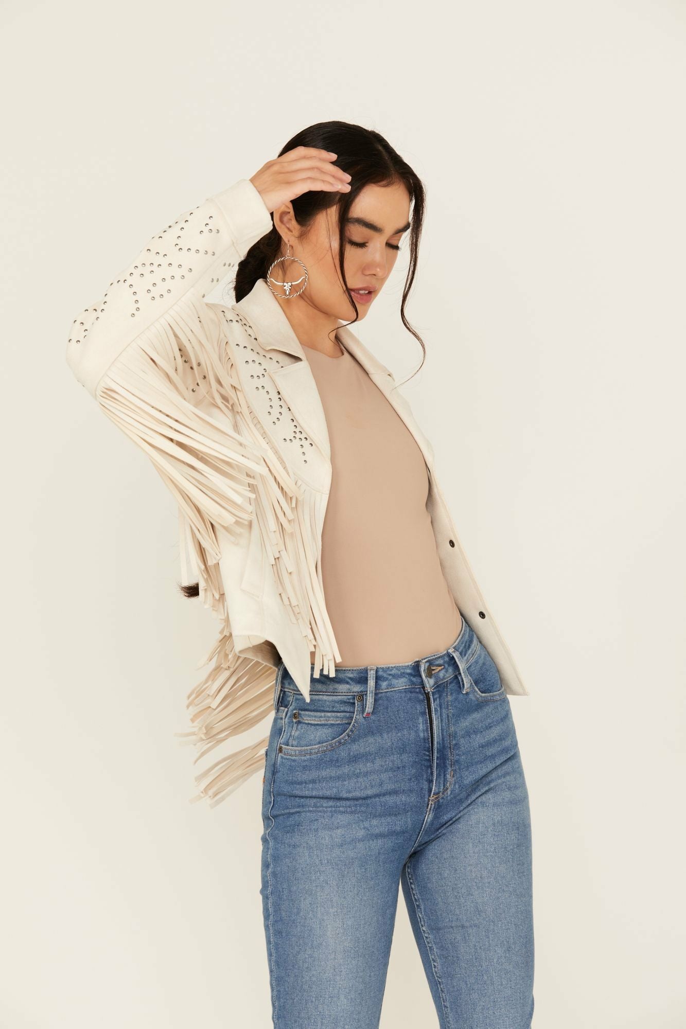 Idyllwind Blair Fringe and Studded Faux Suede Snap Jacket Off White
