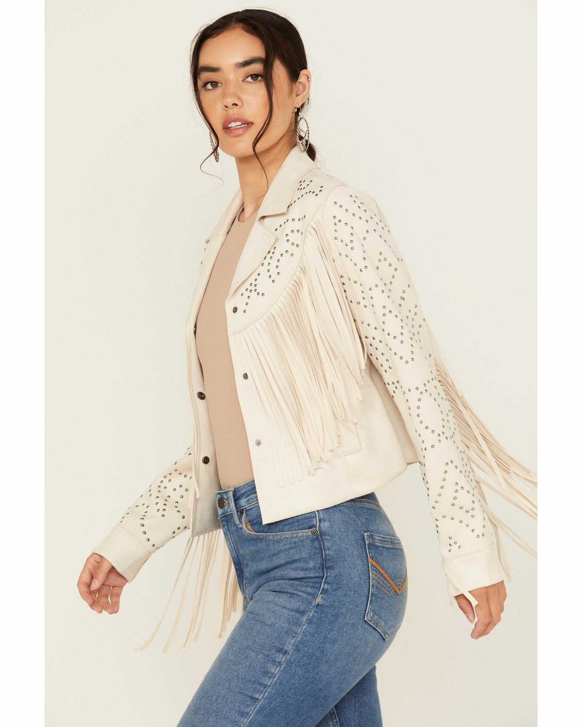 Idyllwind Blair Fringe and Studded Faux Suede Snap Jacket Off White