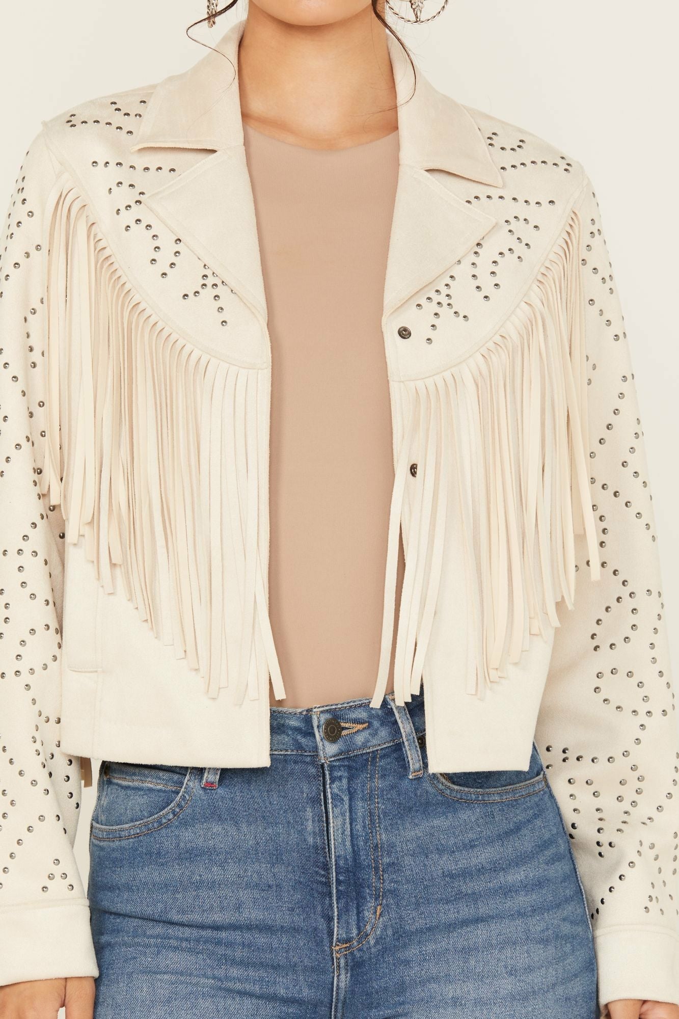 Idyllwind Blair Fringe and Studded Faux Suede Snap Jacket Off White