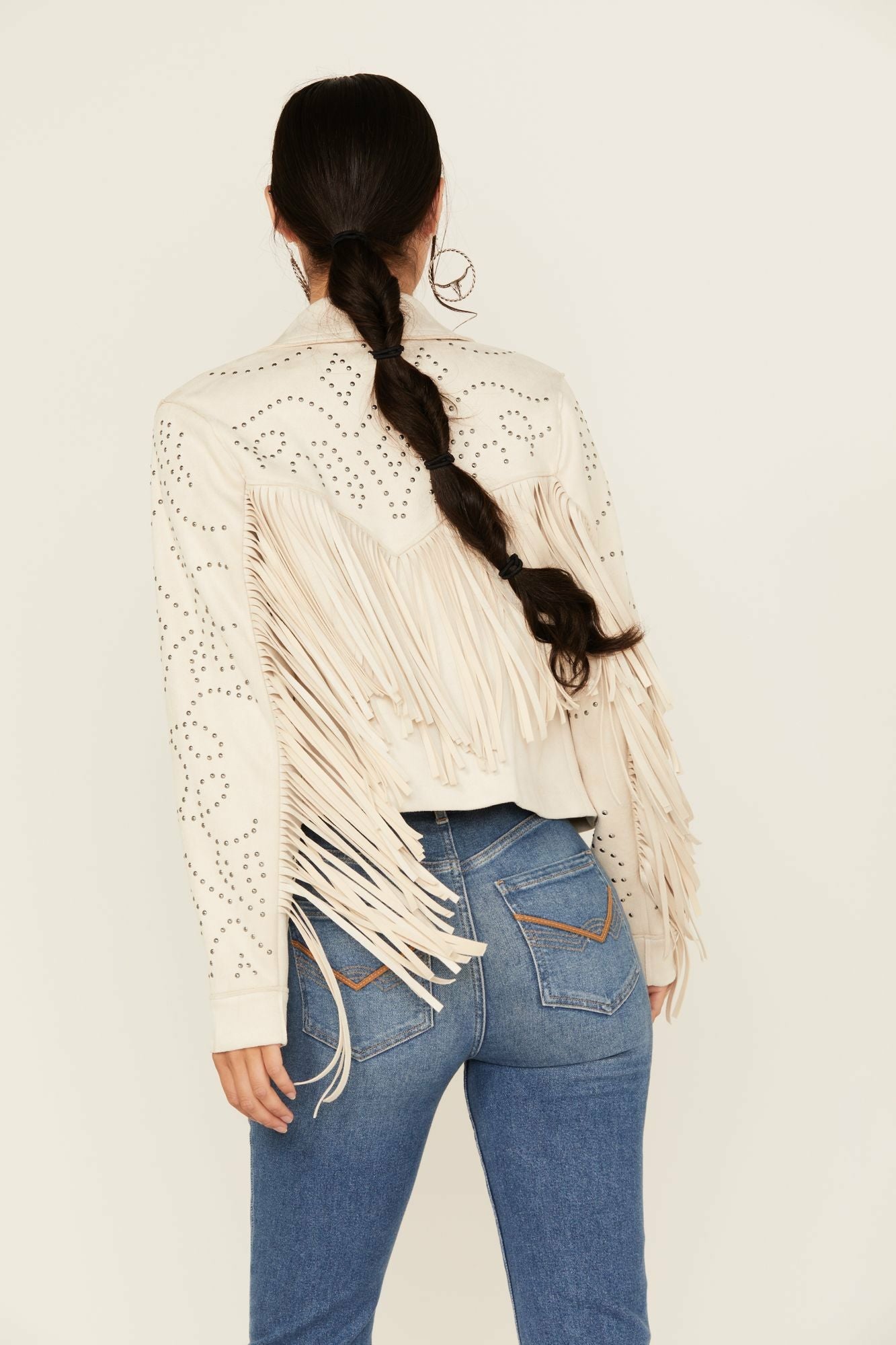 Idyllwind Blair Fringe and Studded Faux Suede Snap Jacket Off White