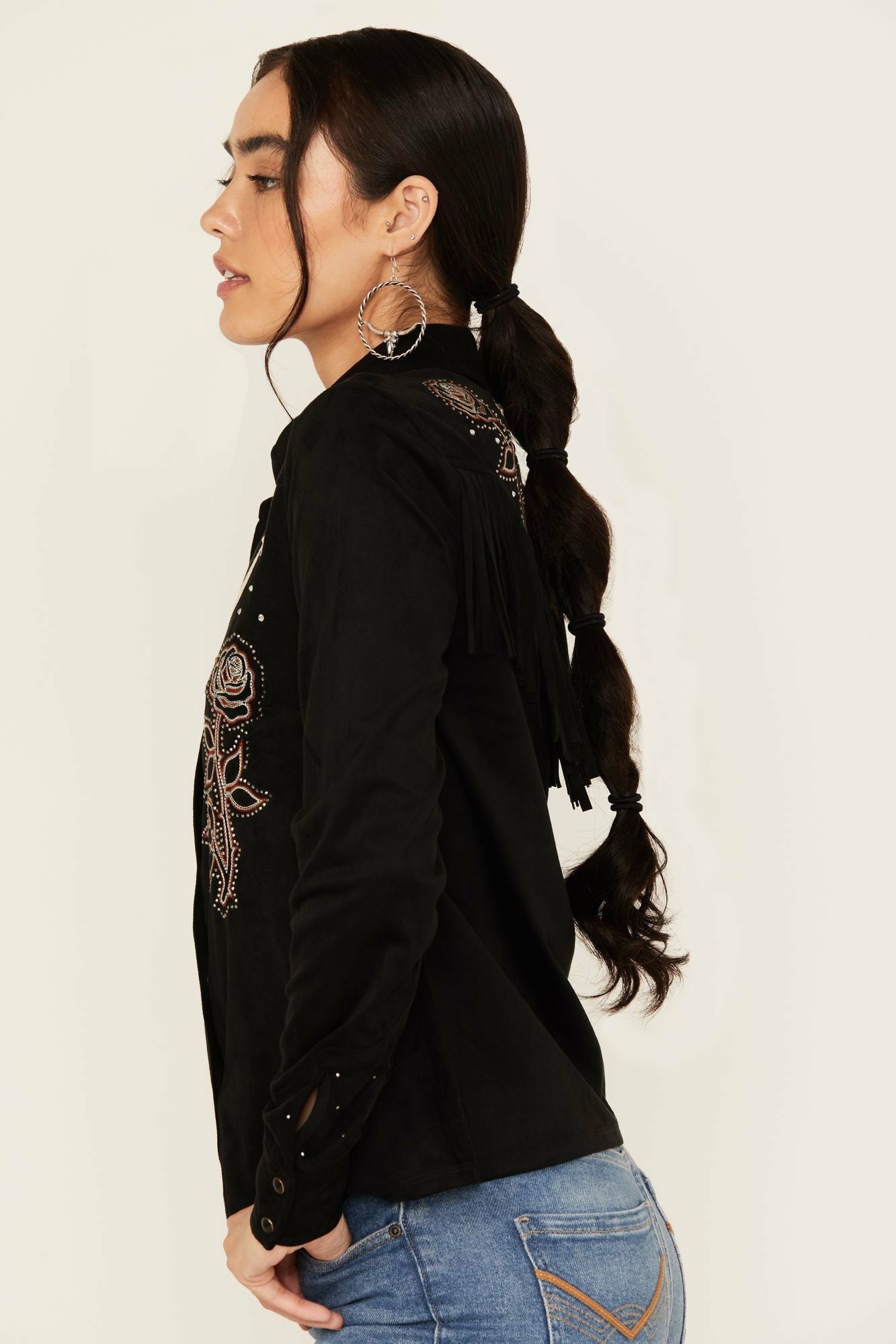 Idyllwind Embroidered Faux Suede Long Sleeve Snap Western Shirt Black