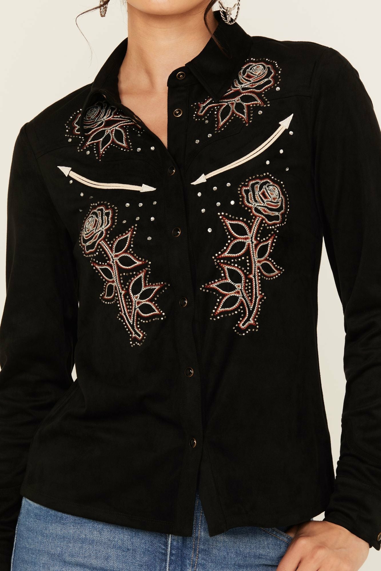 Idyllwind Embroidered Faux Suede Long Sleeve Snap Western Shirt Black