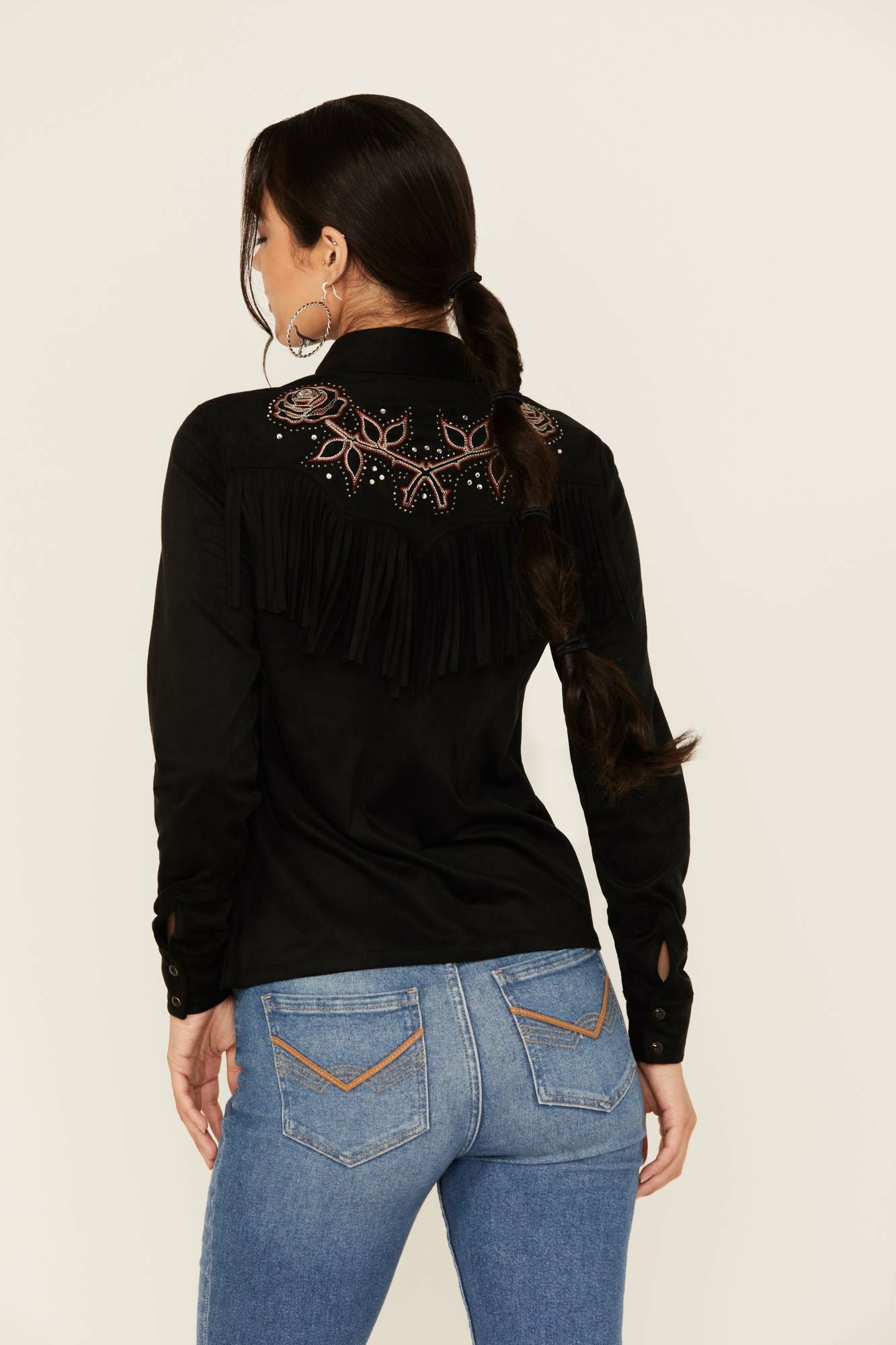 Idyllwind Embroidered Faux Suede Long Sleeve Snap Western Shirt Black