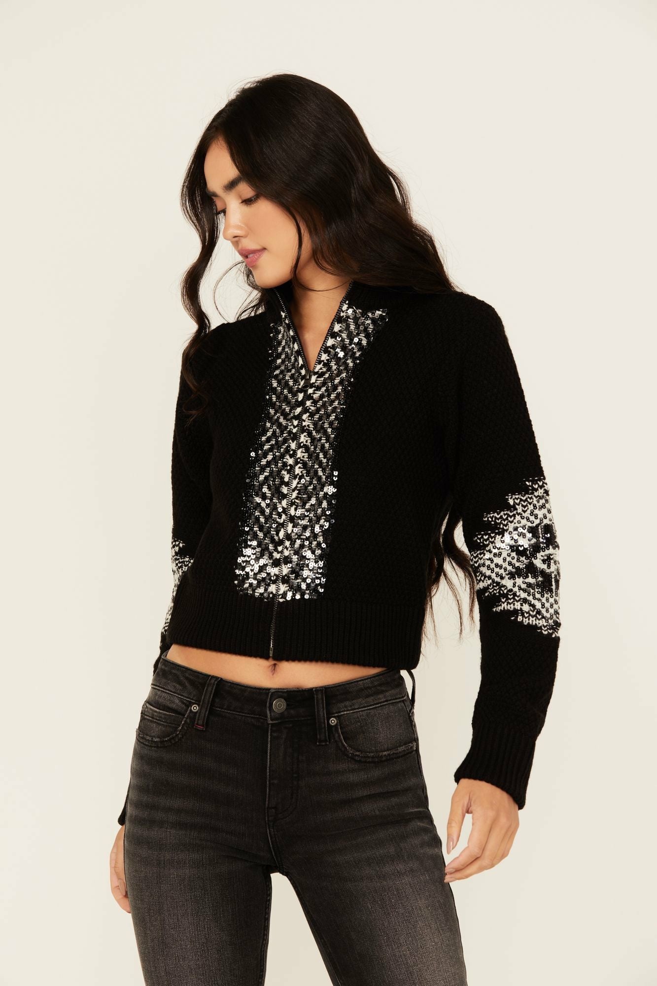 Idyllwind Dallas Sequins Cropped Zip Front Sweater Black