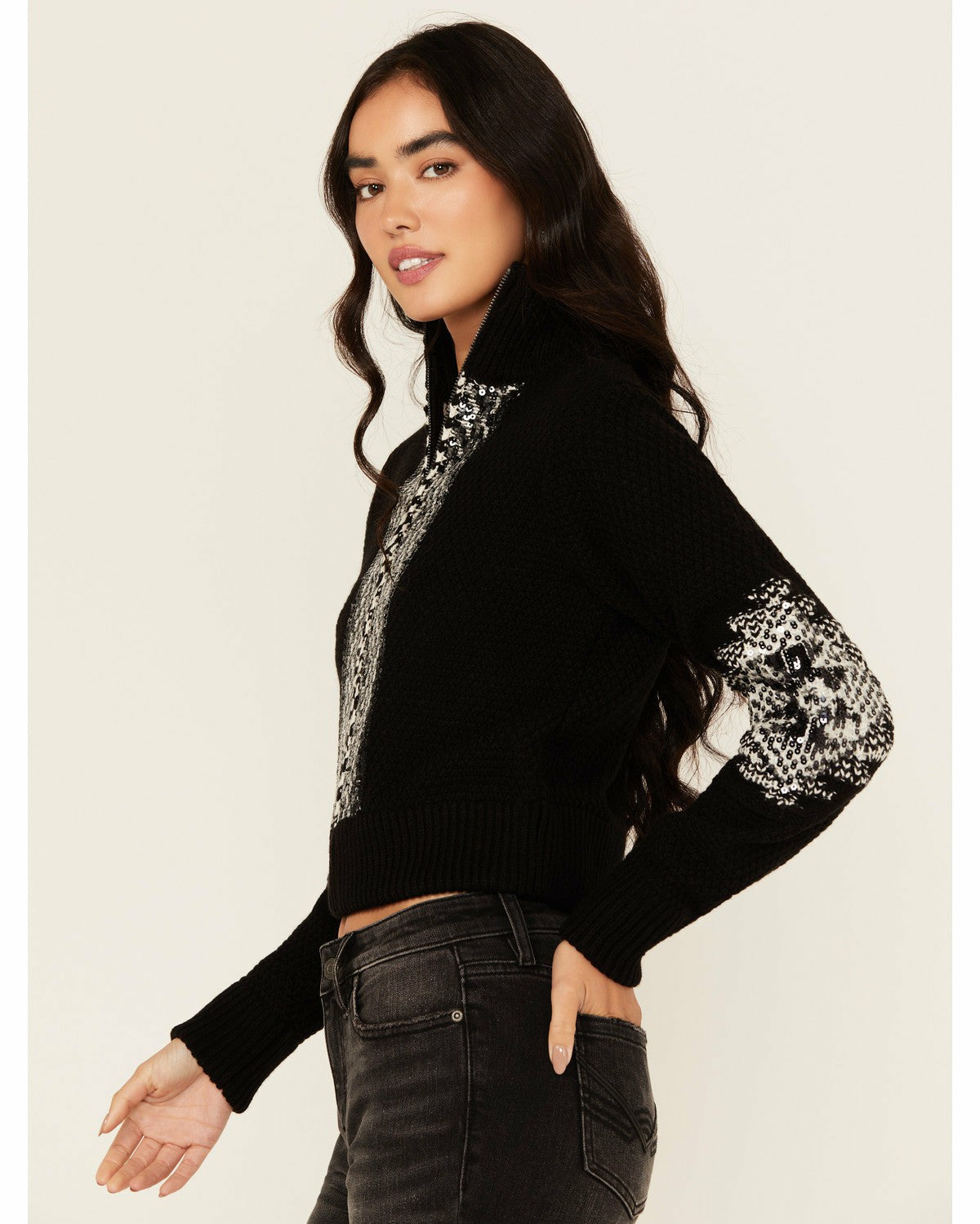 Idyllwind Dallas Sequins Cropped Zip Front Sweater Black