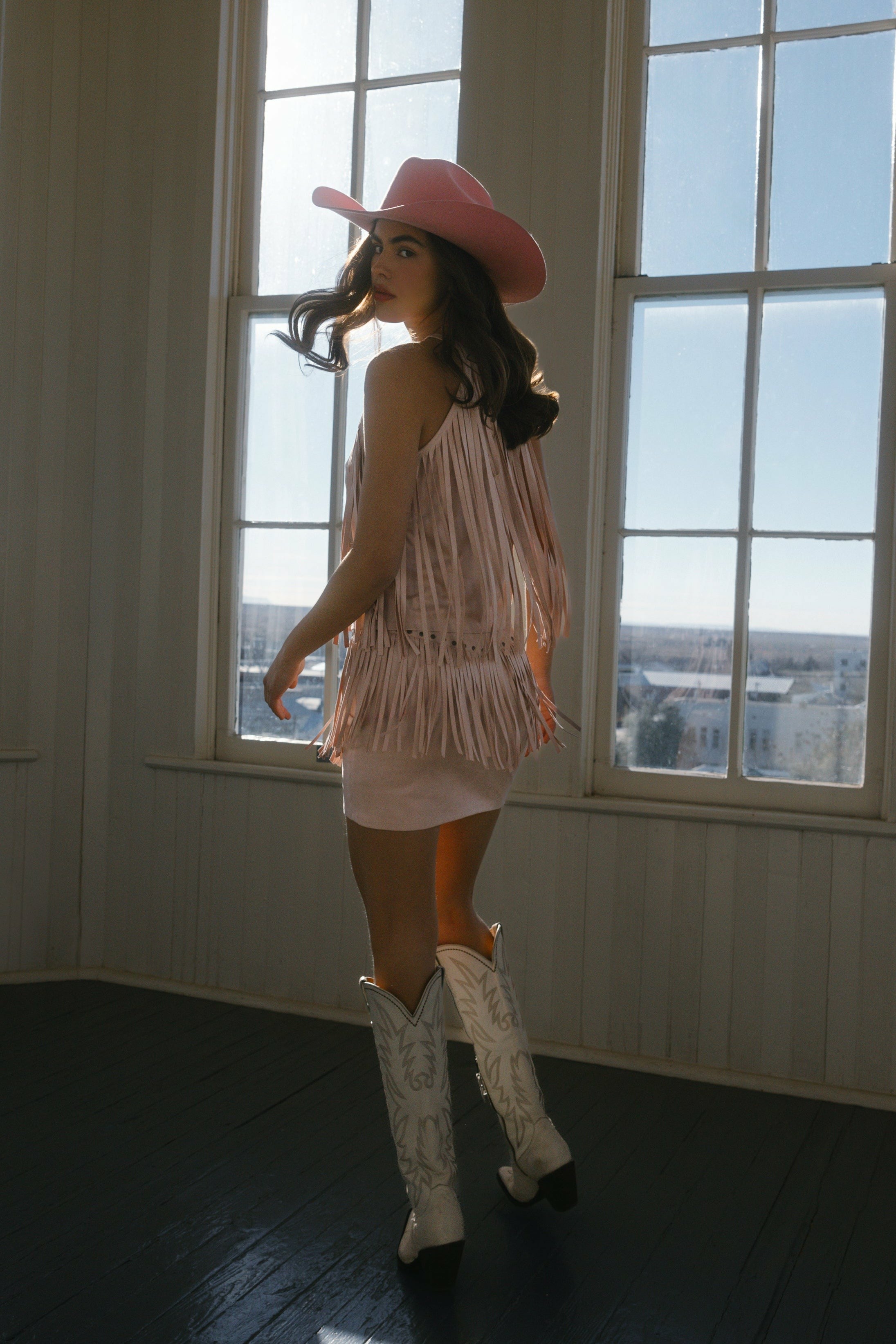 Idyllwind Wylie Studded Fringe Faux Suede Mini Skirt Pink