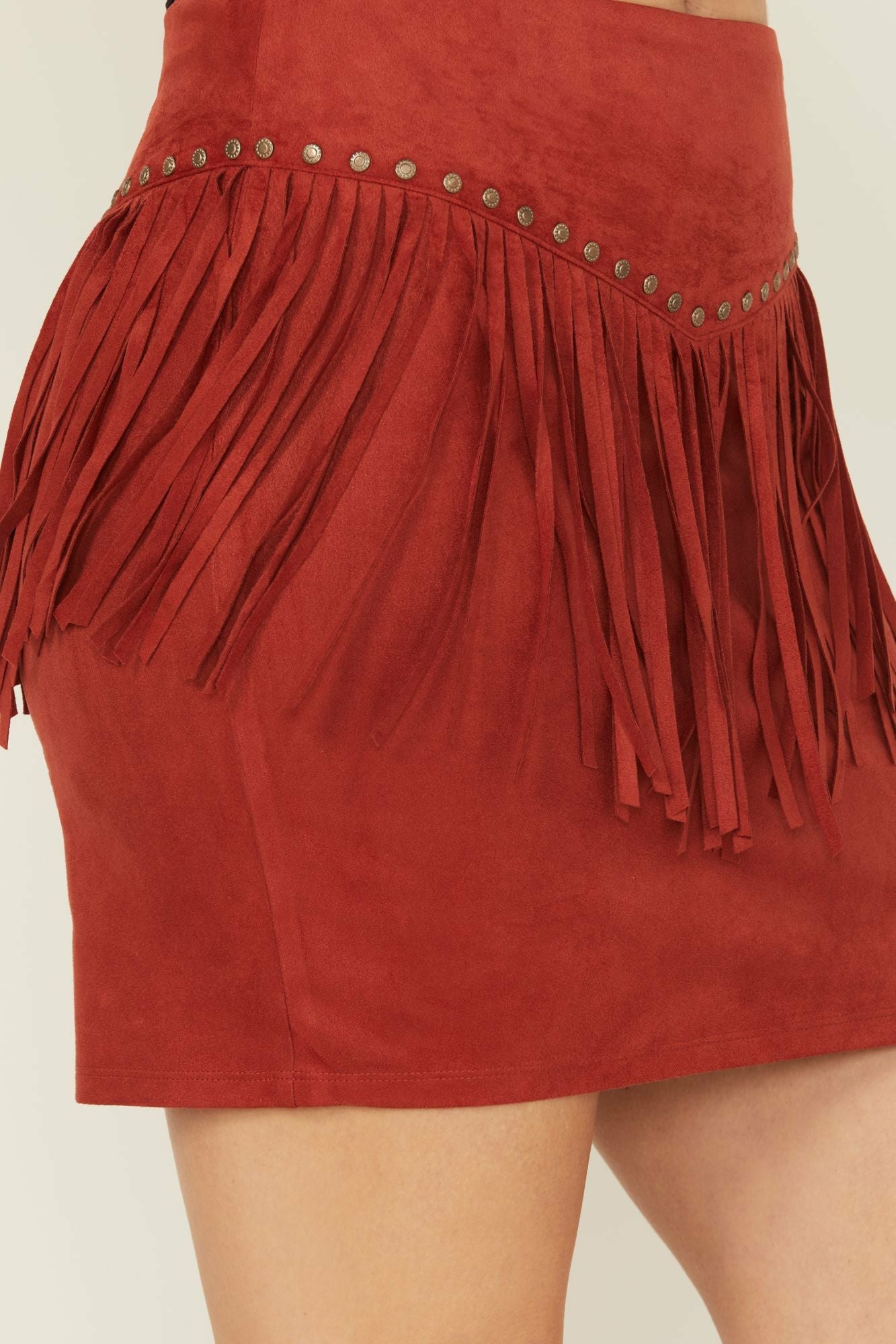 Idyllwind Wylie Studded Fringe Faux Suede Mini Skirt Chilli