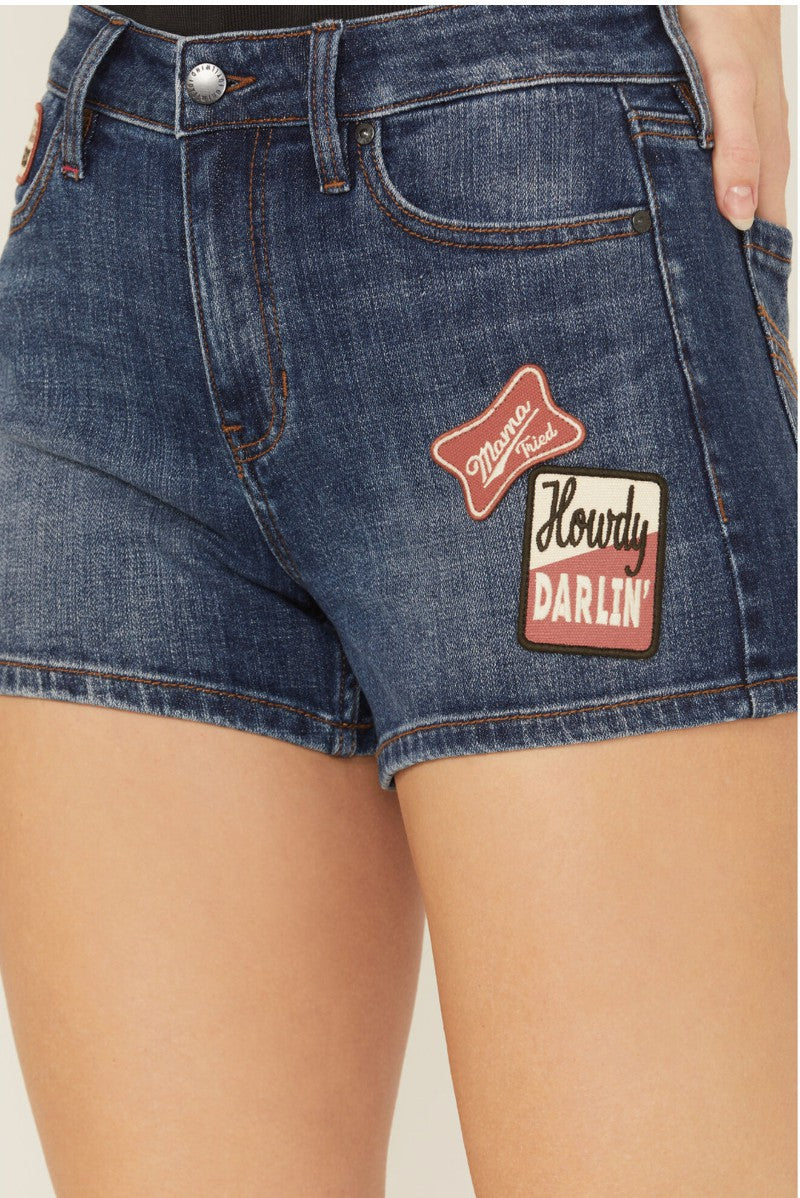 Idyllwind Ellwood Patch Dark Wash High Rise Stretch Denim Shorts Dark Wash