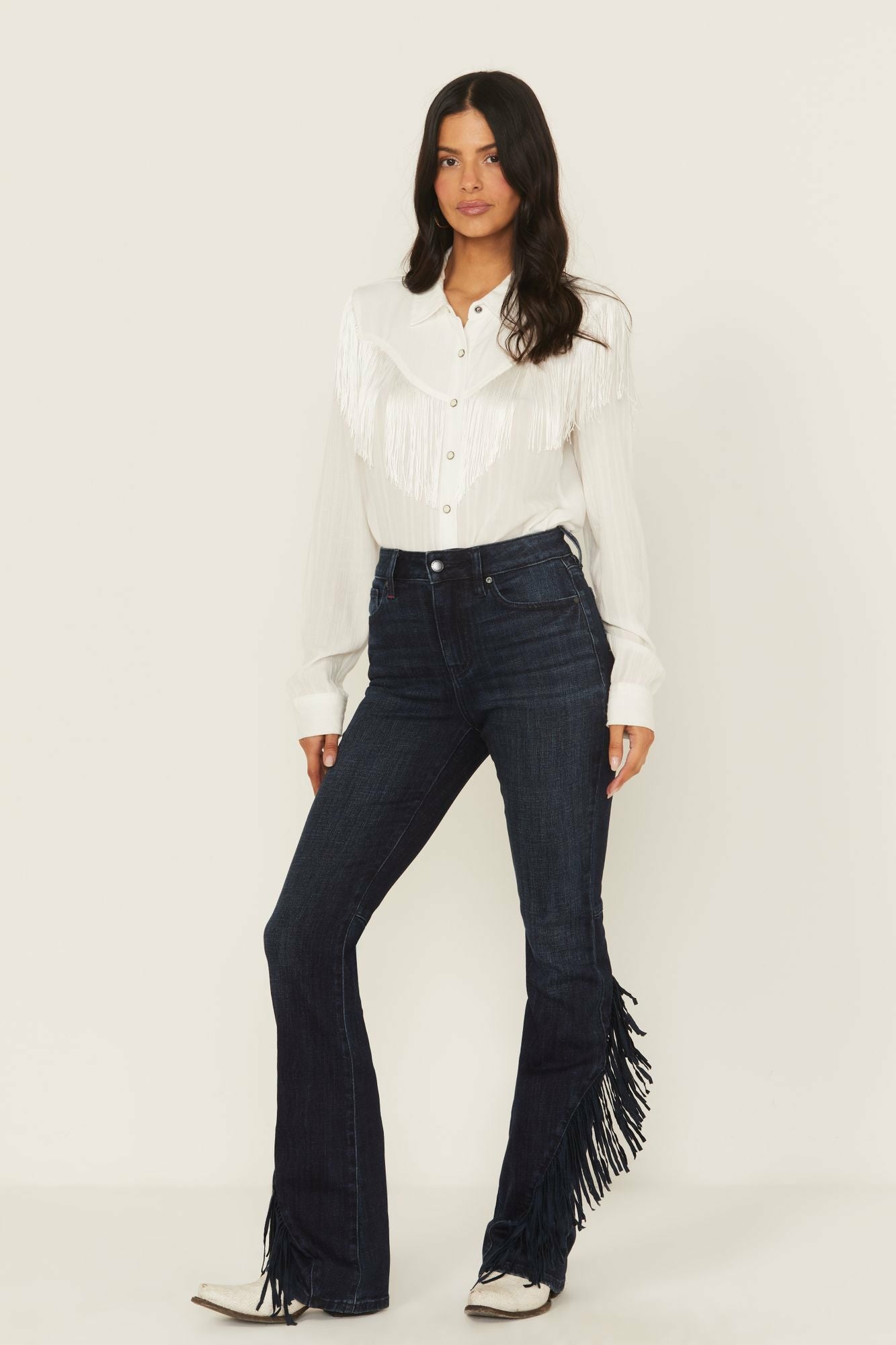 Idyllwind Allessio Dark Wash High Rise Fringe Bootcut Super Stretch Denim Jeans Dark Wash