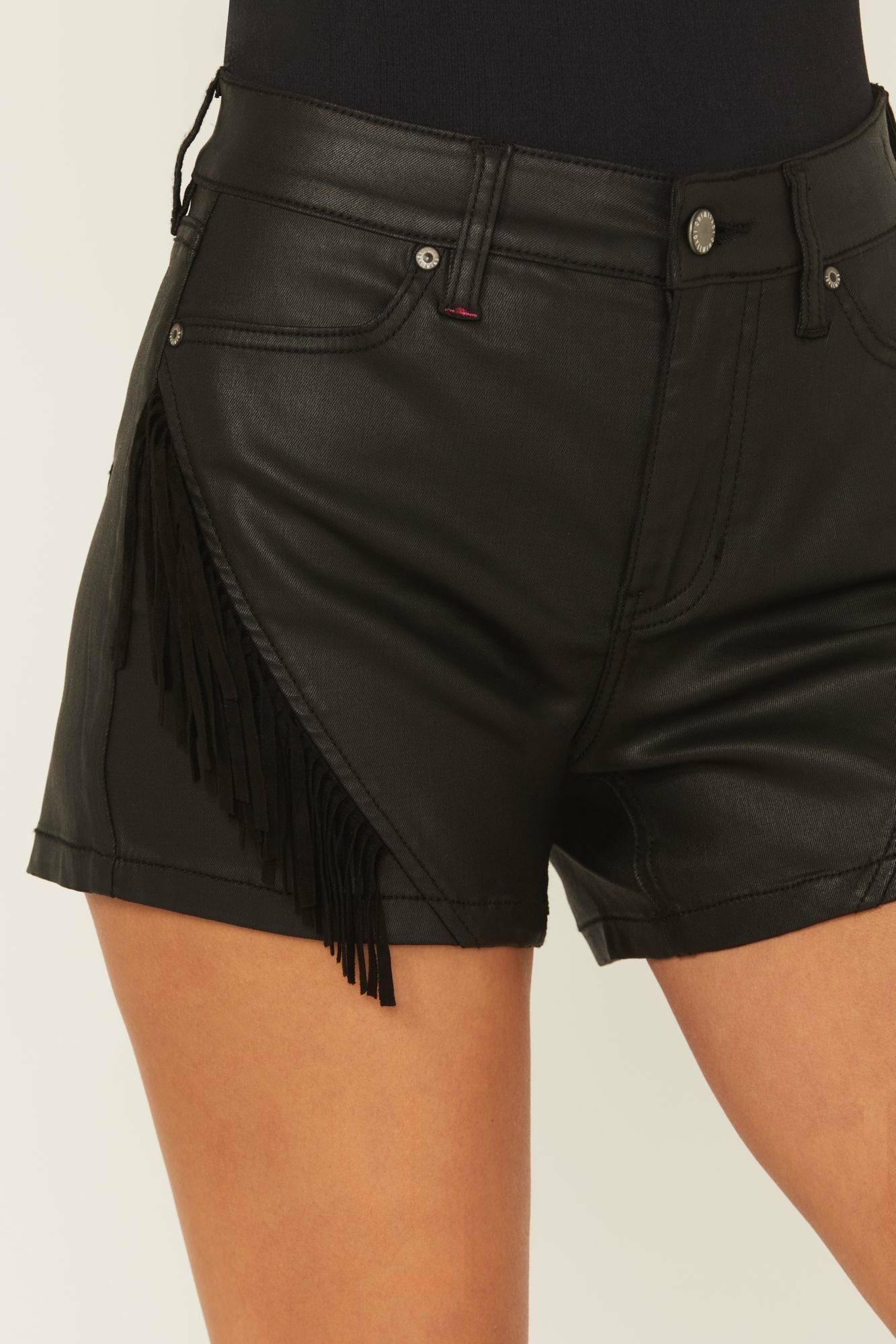 Idyllwind Bexhill Coated High Rise Fringe Super Stretch Denim Shorts Black