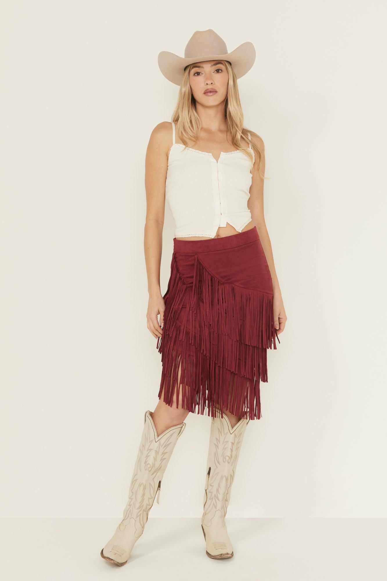 Idyllwind Tina Faux Suede Fringe Midi Skirt Maroon