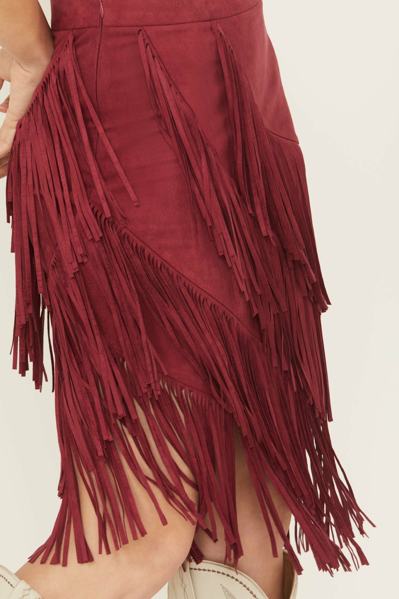 Idyllwind Tina Faux Suede Fringe Midi Skirt Maroon