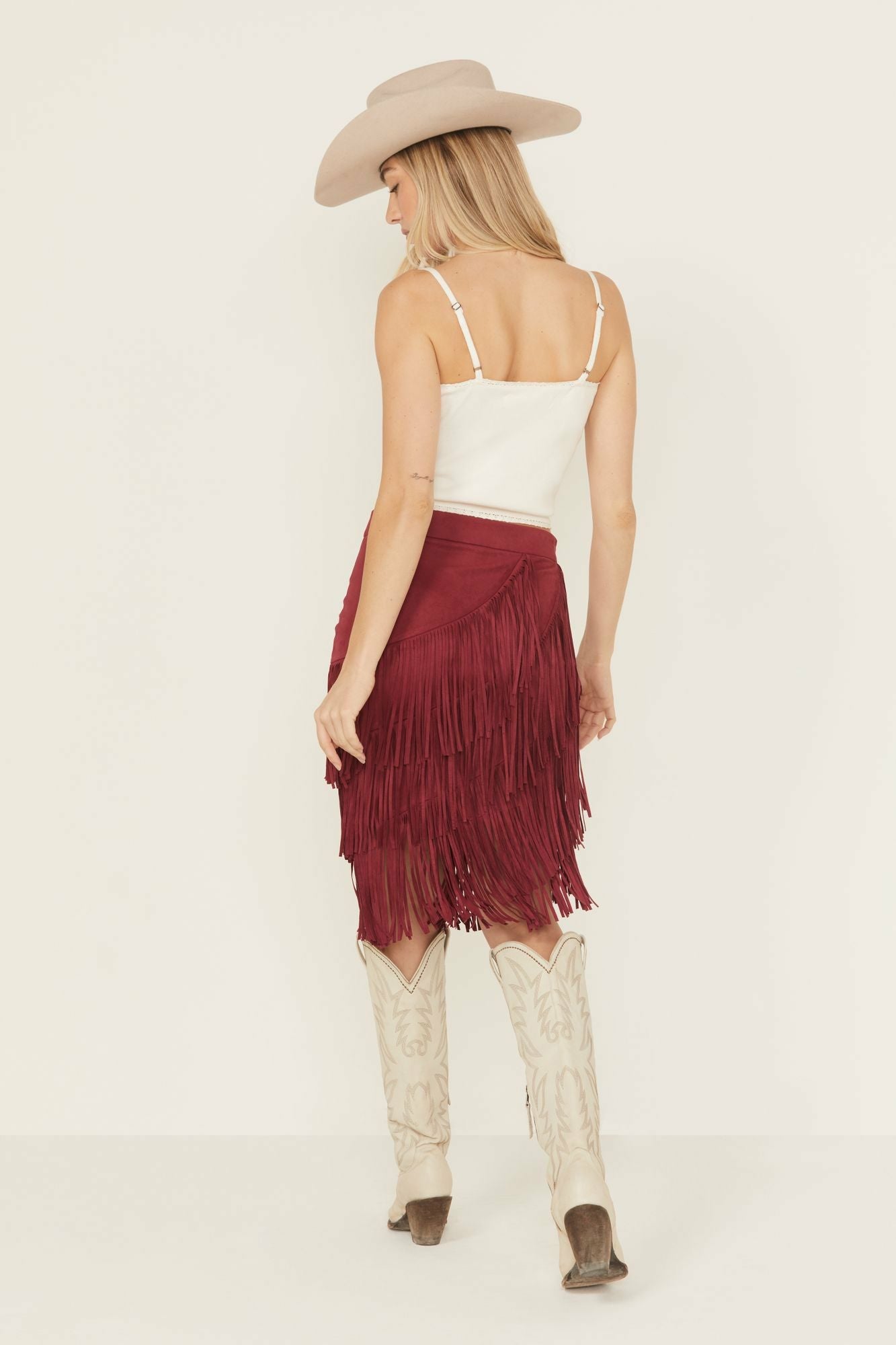Idyllwind Tina Faux Suede Fringe Midi Skirt Maroon
