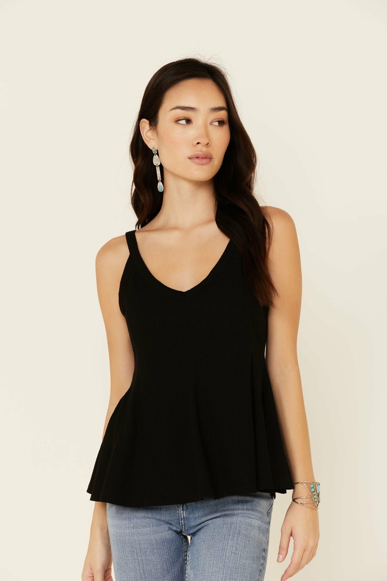 Idyllwind Godet Rib-Knit Tank Top Black