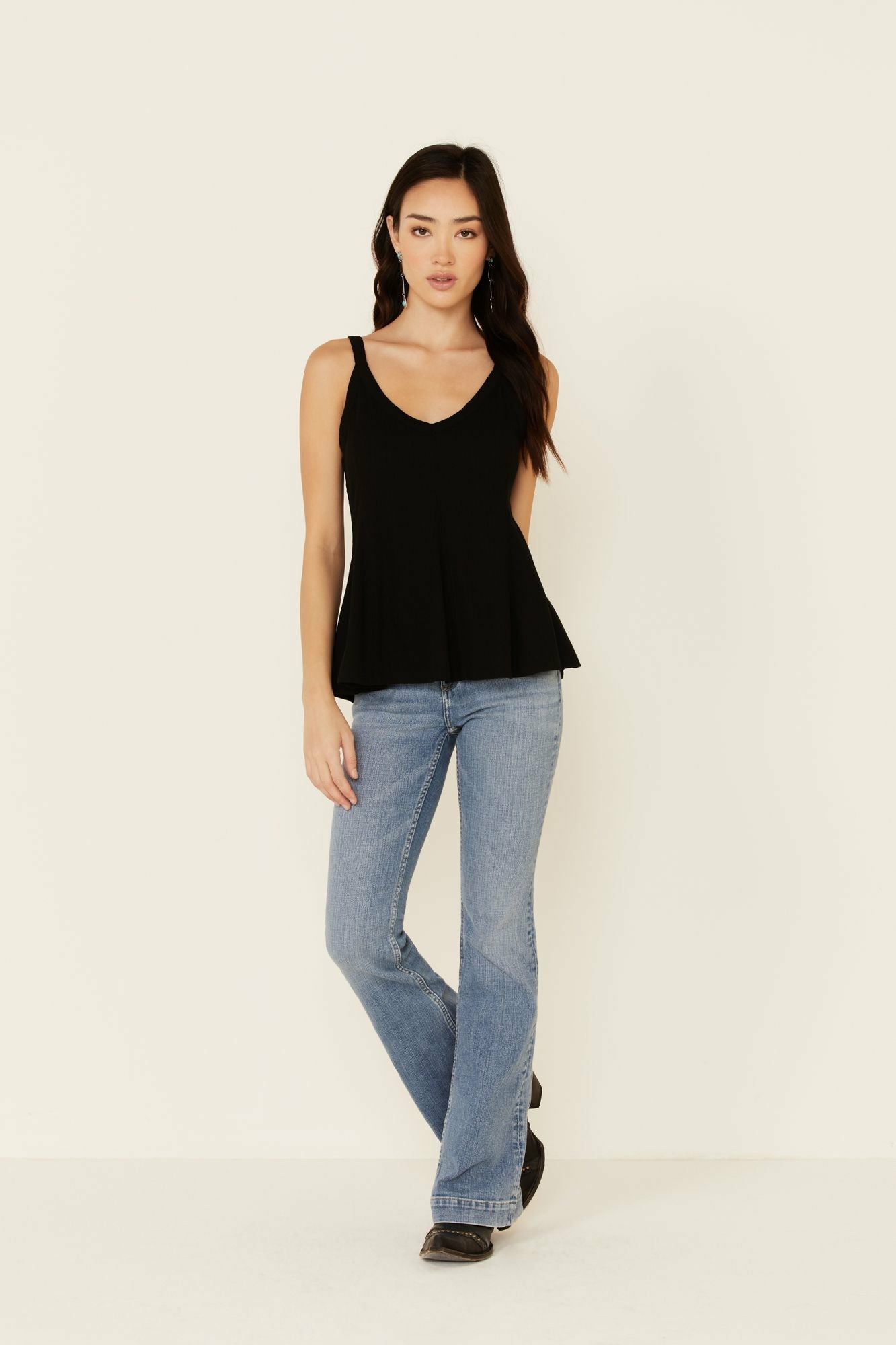 Idyllwind Godet Rib-Knit Tank Top Black