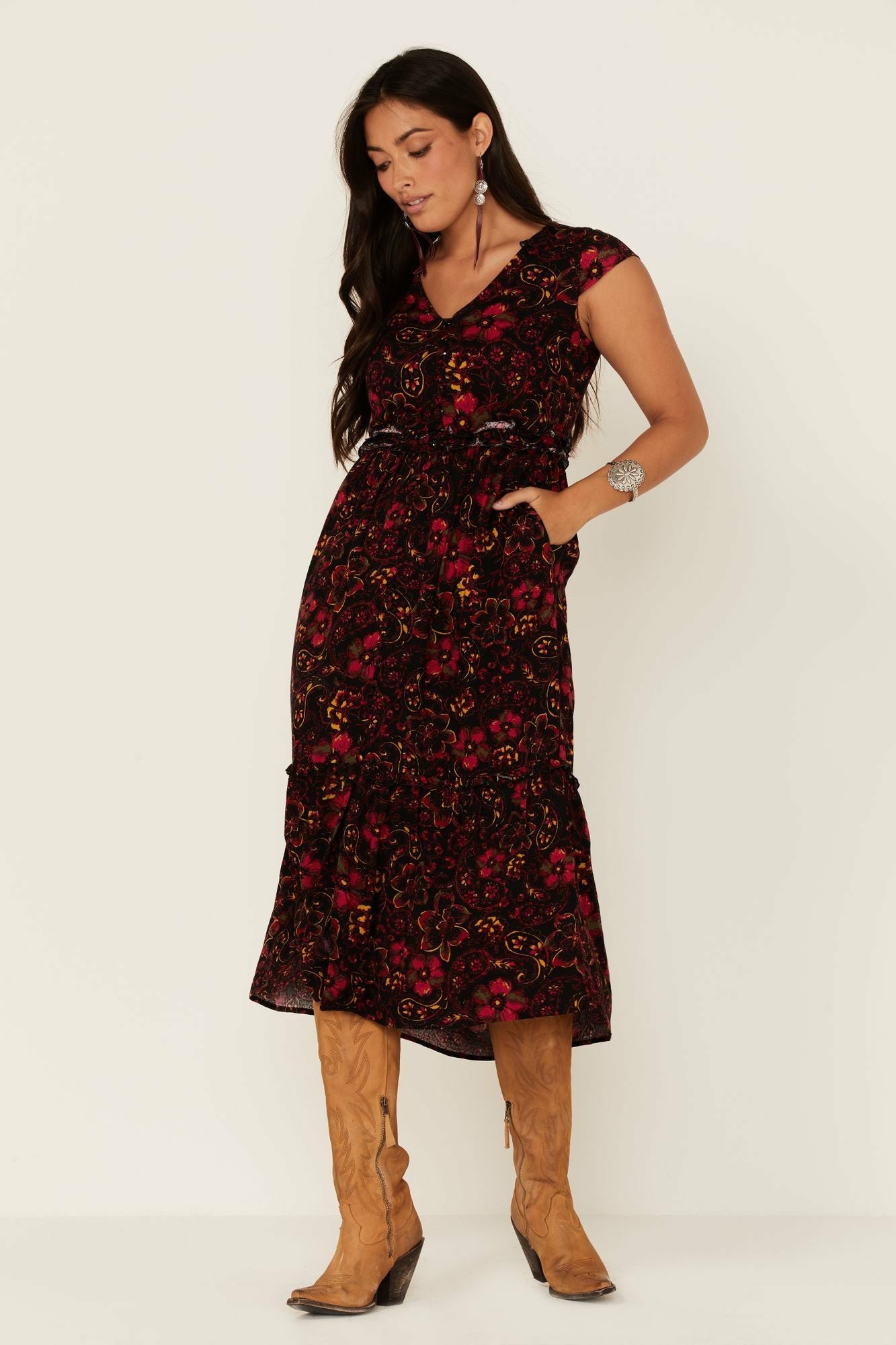 Idyllwind Black Floral Willow Branch Midi Dress Black