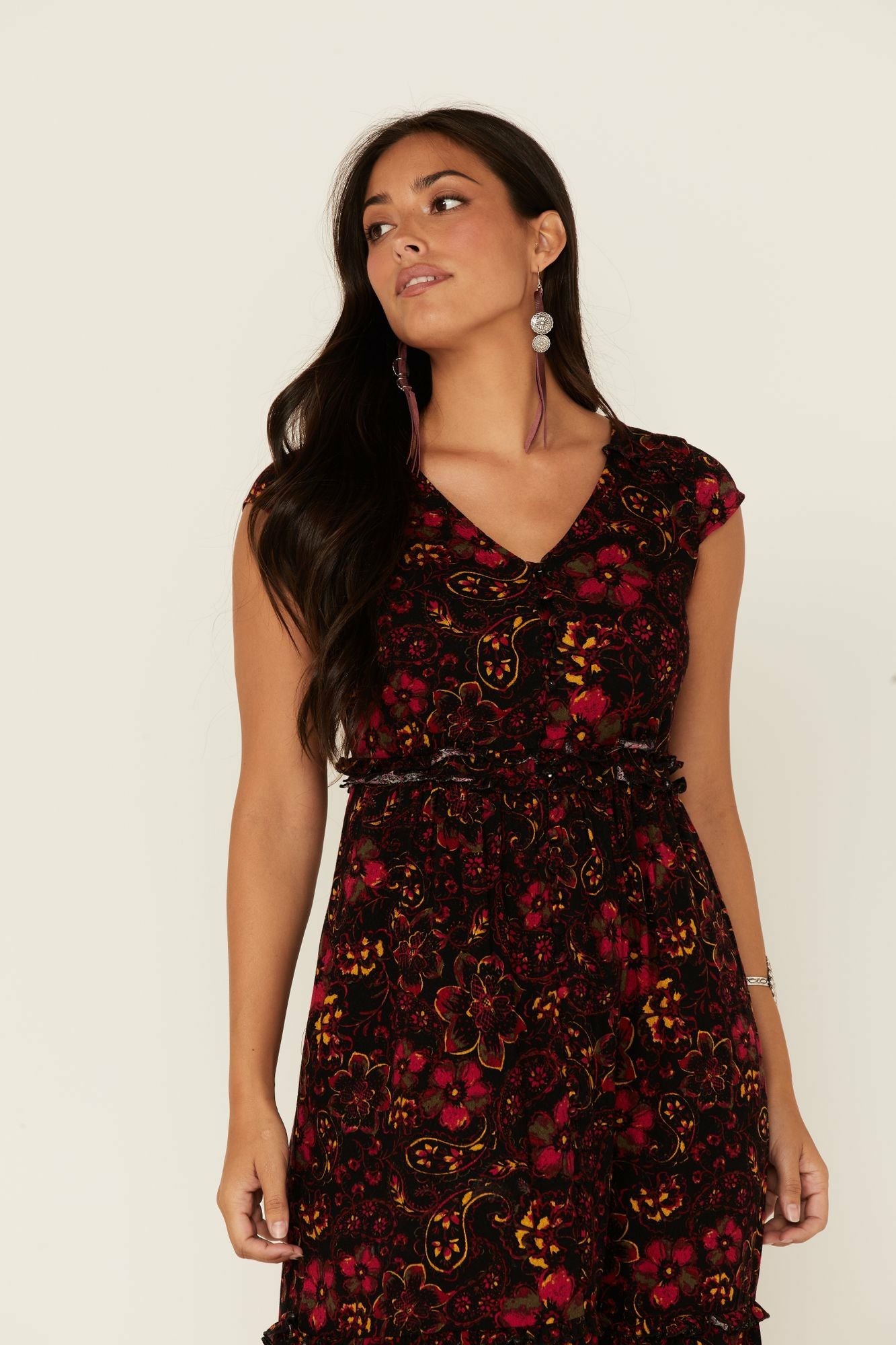 Idyllwind Black Floral Willow Branch Midi Dress Black