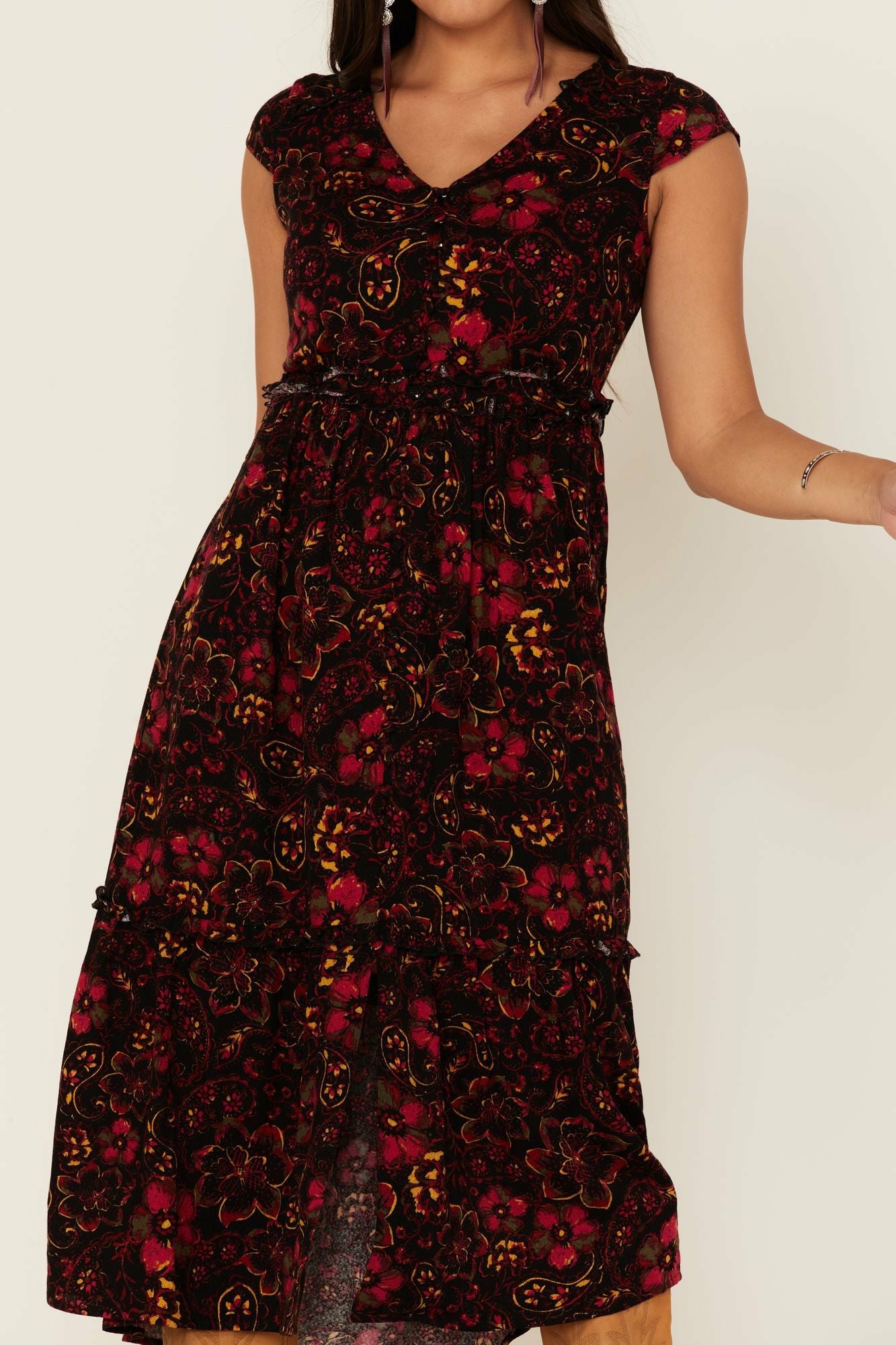 Idyllwind Black Floral Willow Branch Midi Dress Black