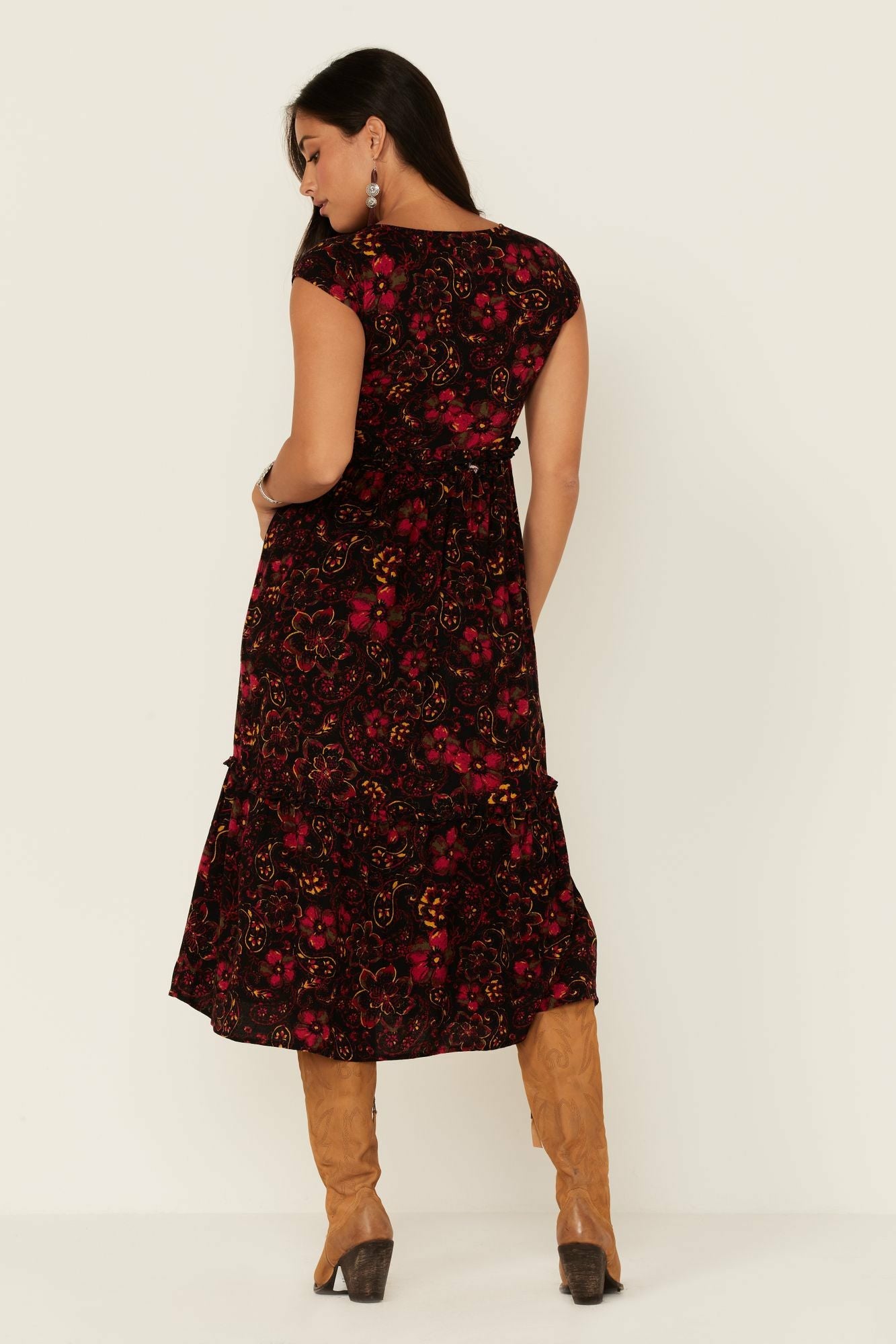 Idyllwind Black Floral Willow Branch Midi Dress Black