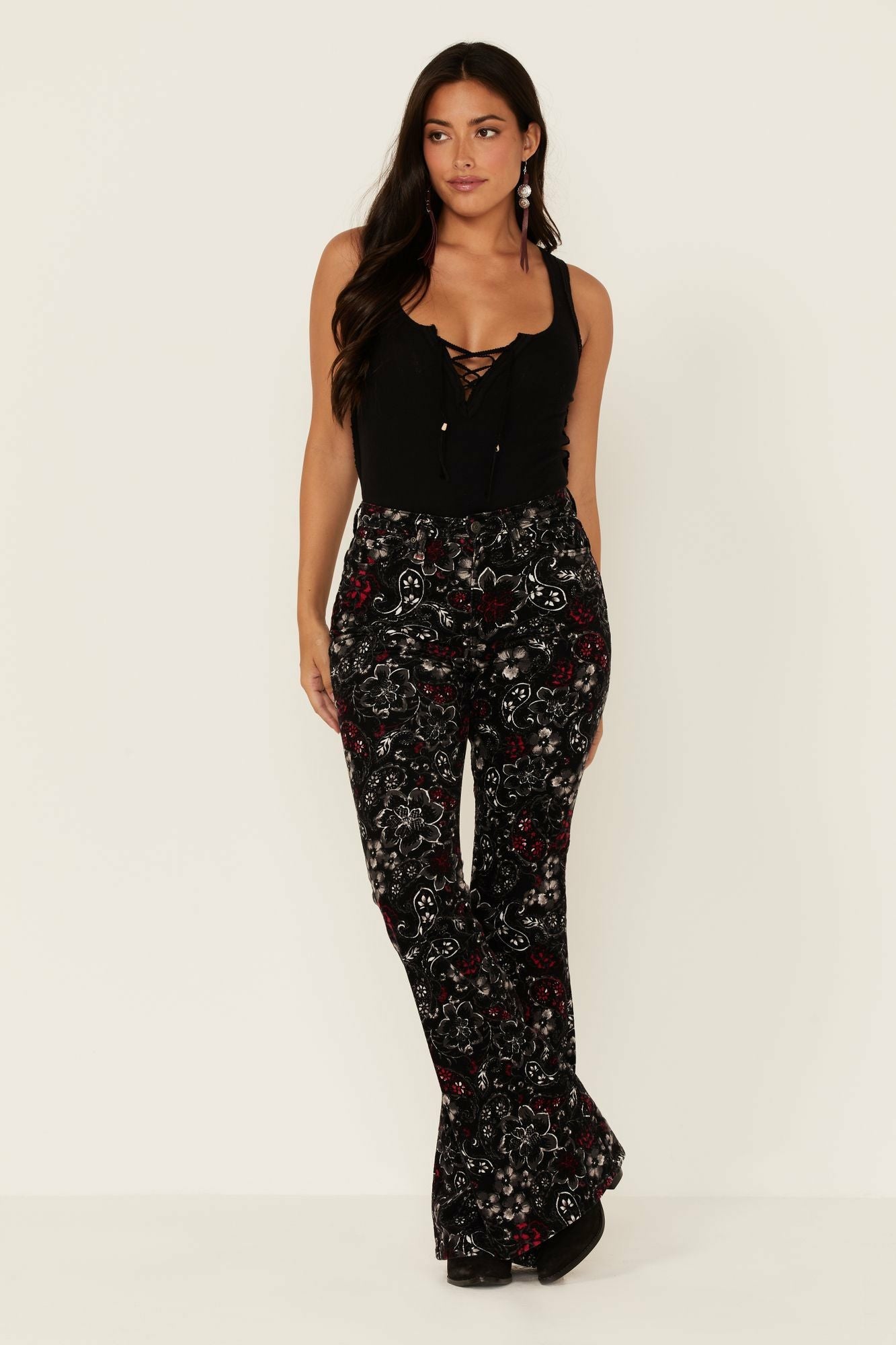 Idyllwind Black Floral Print High Rise Flare Cords Black