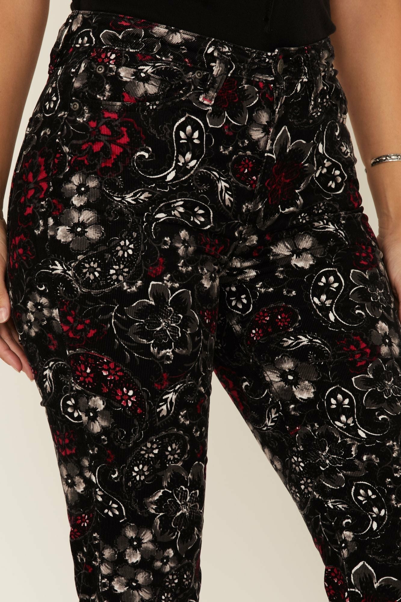 Idyllwind Black Floral Print High Rise Flare Cords Black