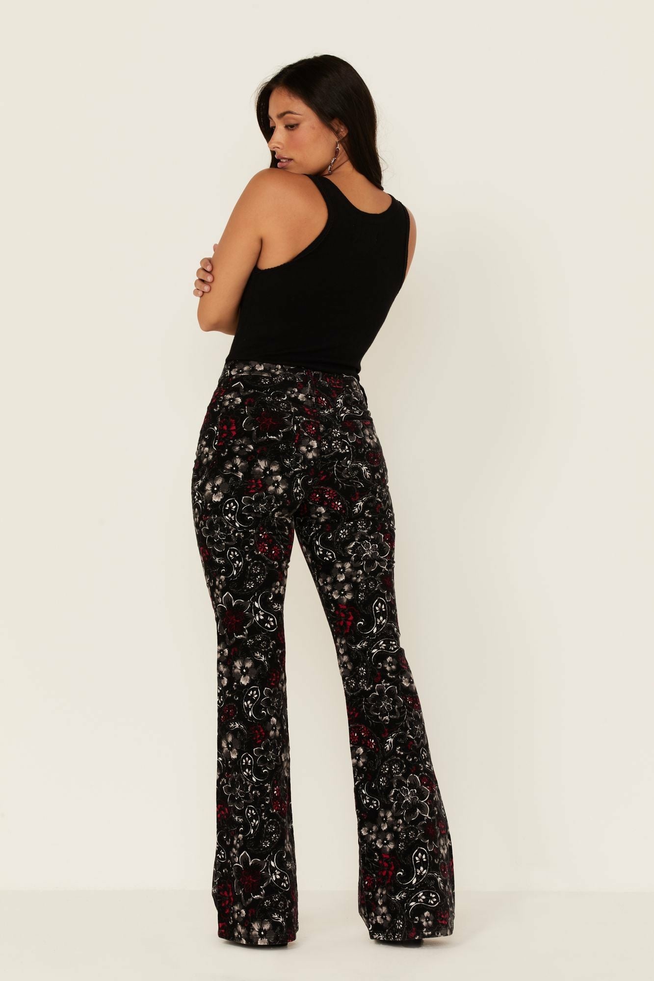 Idyllwind Black Floral Print High Rise Flare Cords Black