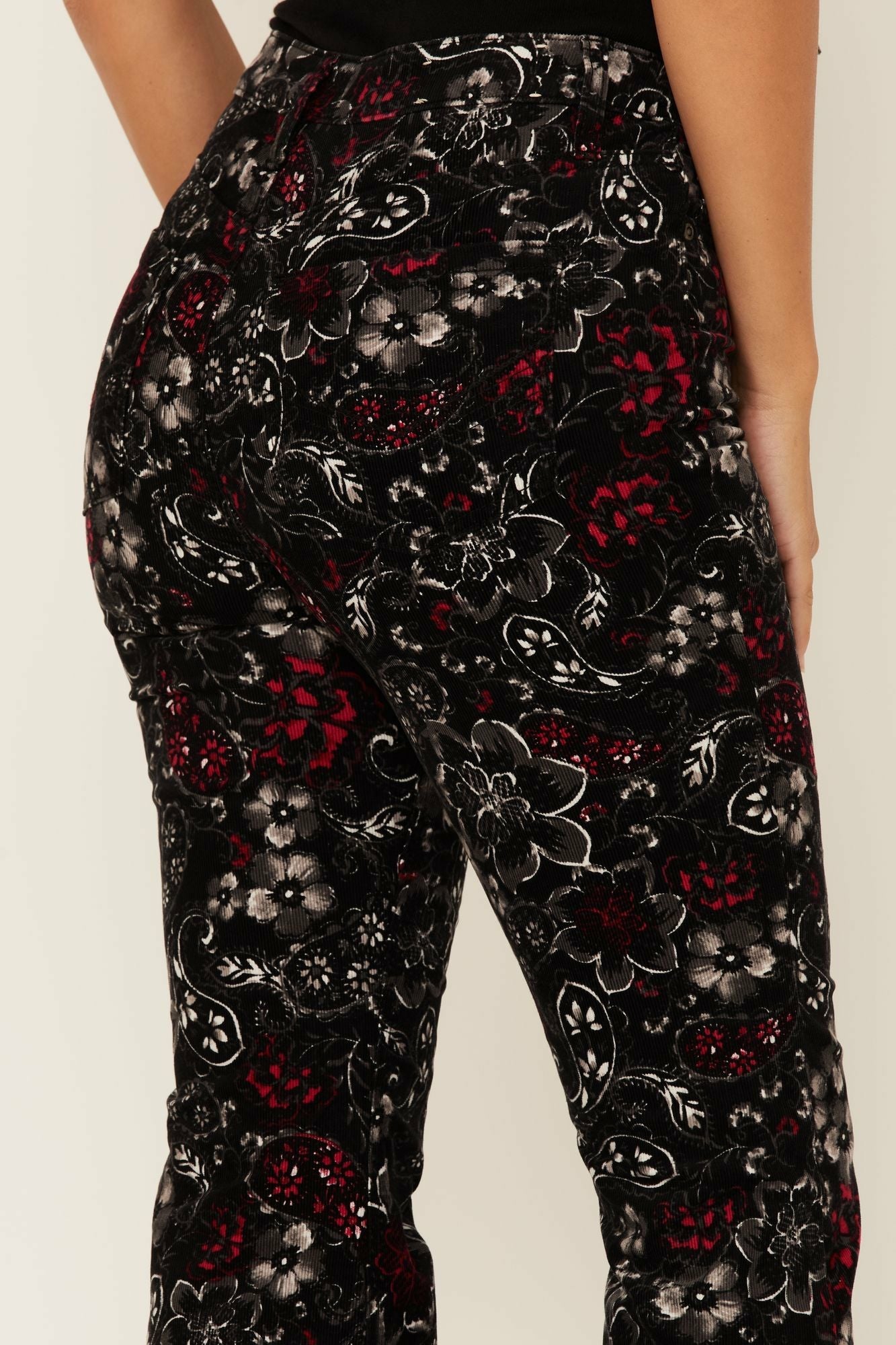 Idyllwind Black Floral Print High Rise Flare Cords Black