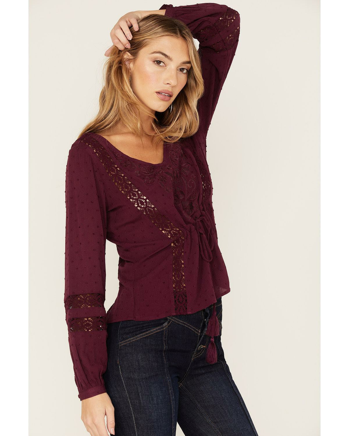 Idyllwind Romance Floral Embroidered Swiss Dot Blouse Black
