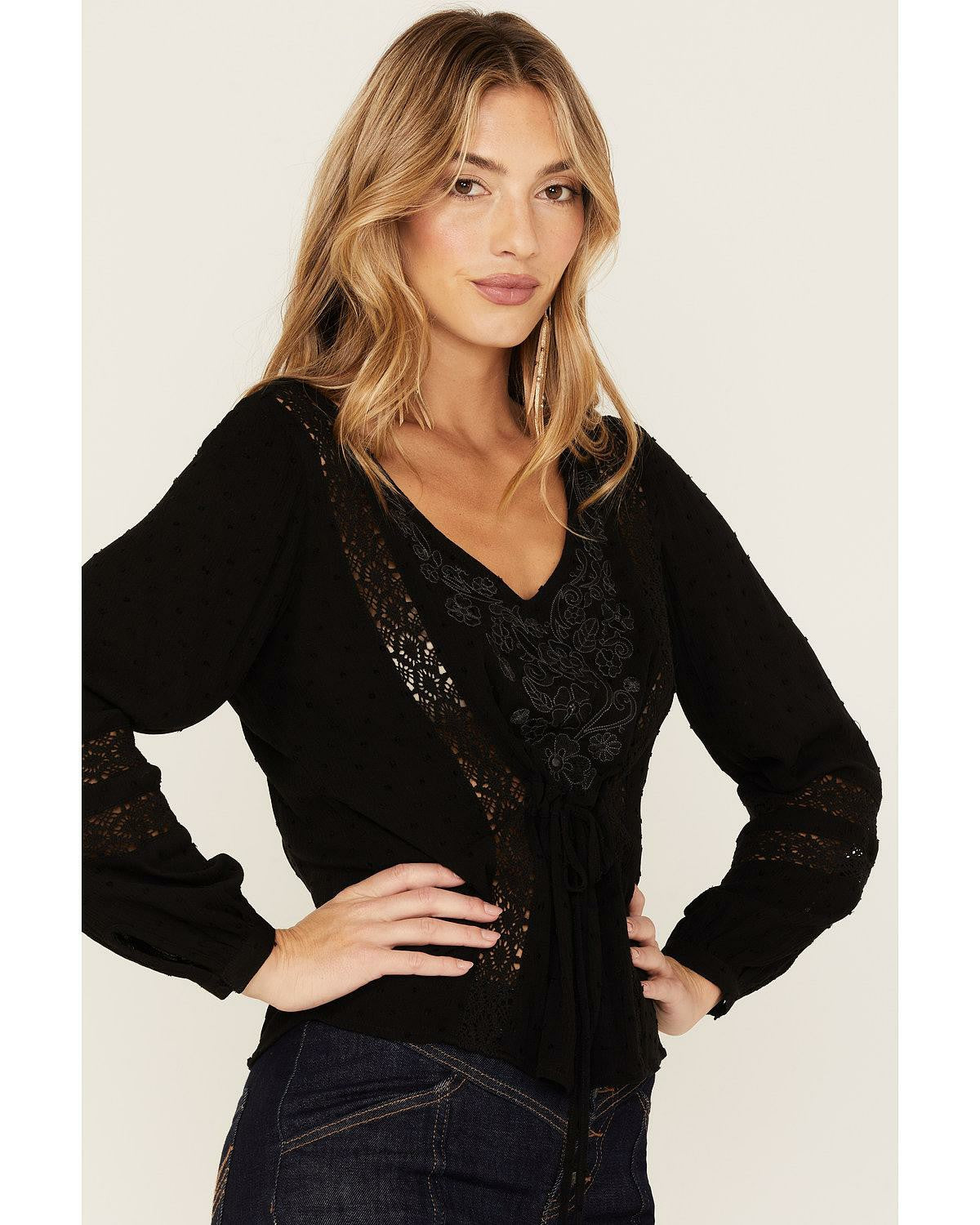 Idyllwind Romance Floral Embroidered Swiss Dot Blouse Black