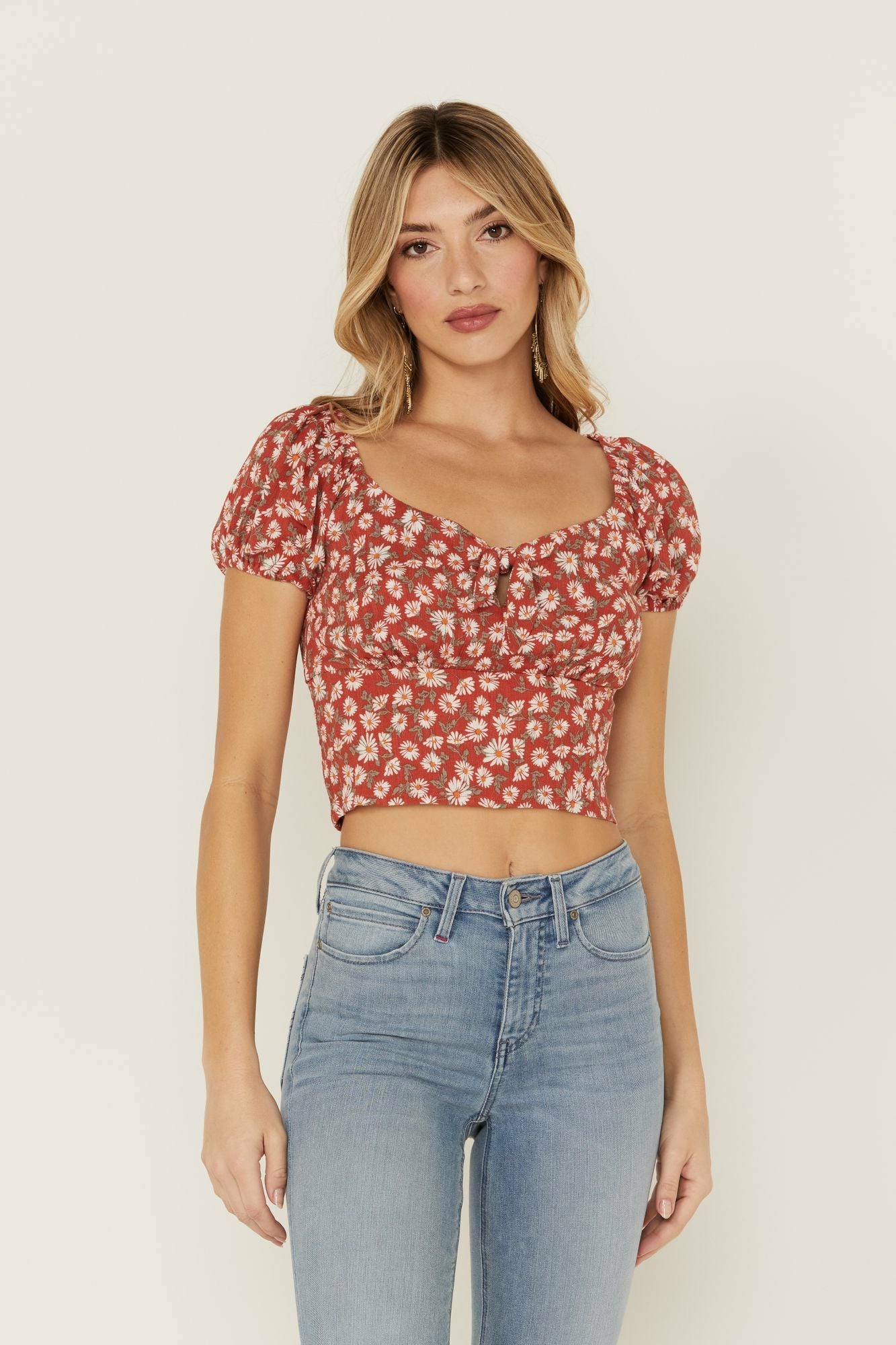Idyllwind Bay Cove Brick Red Floral Crop Peasant Top Brick Red