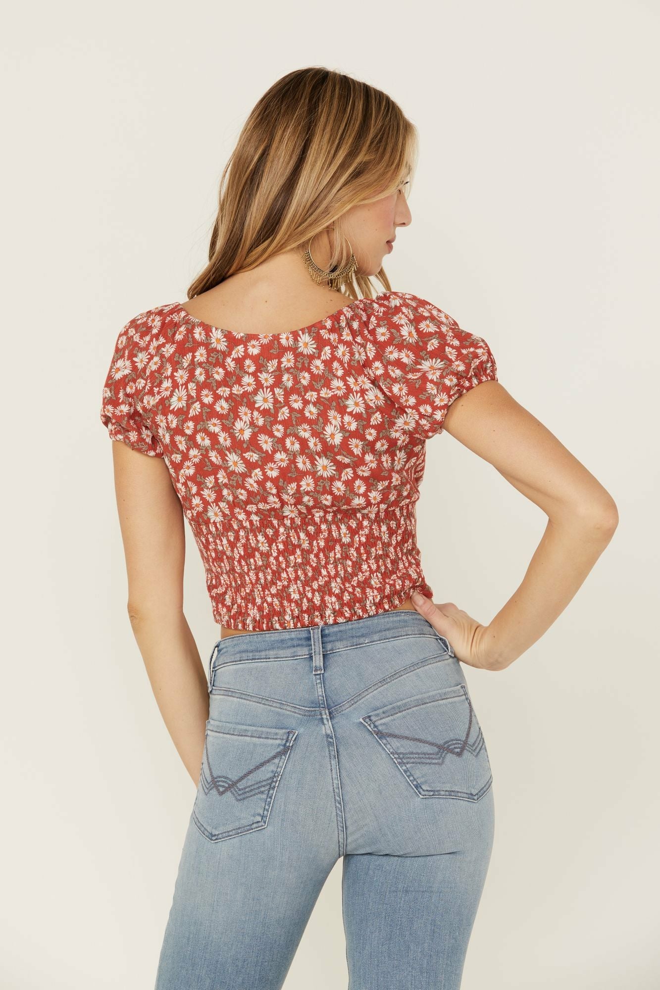 Idyllwind Bay Cove Brick Red Floral Crop Peasant Top Brick Red