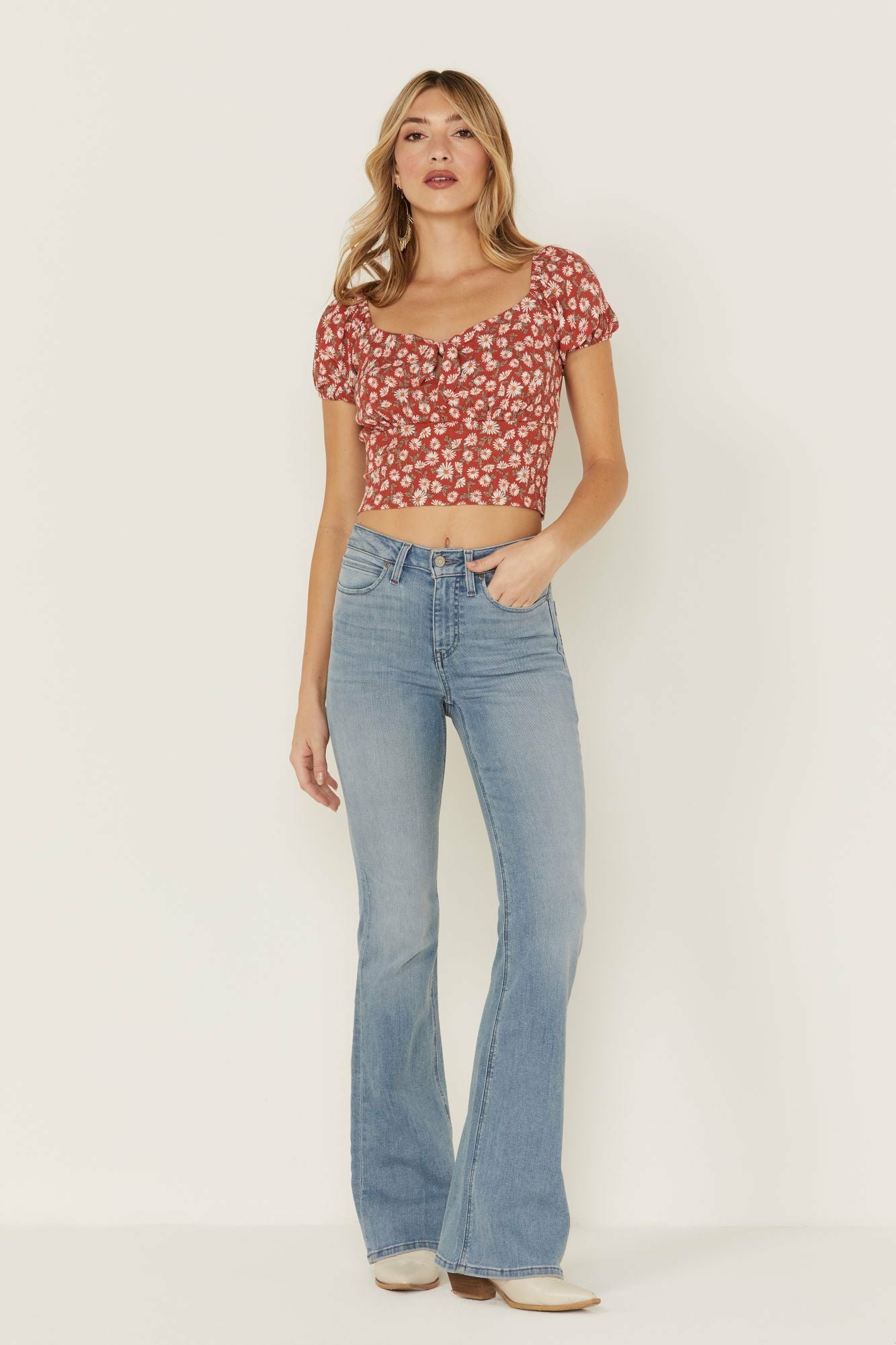 Idyllwind Bay Cove Brick Red Floral Crop Peasant Top Brick Red