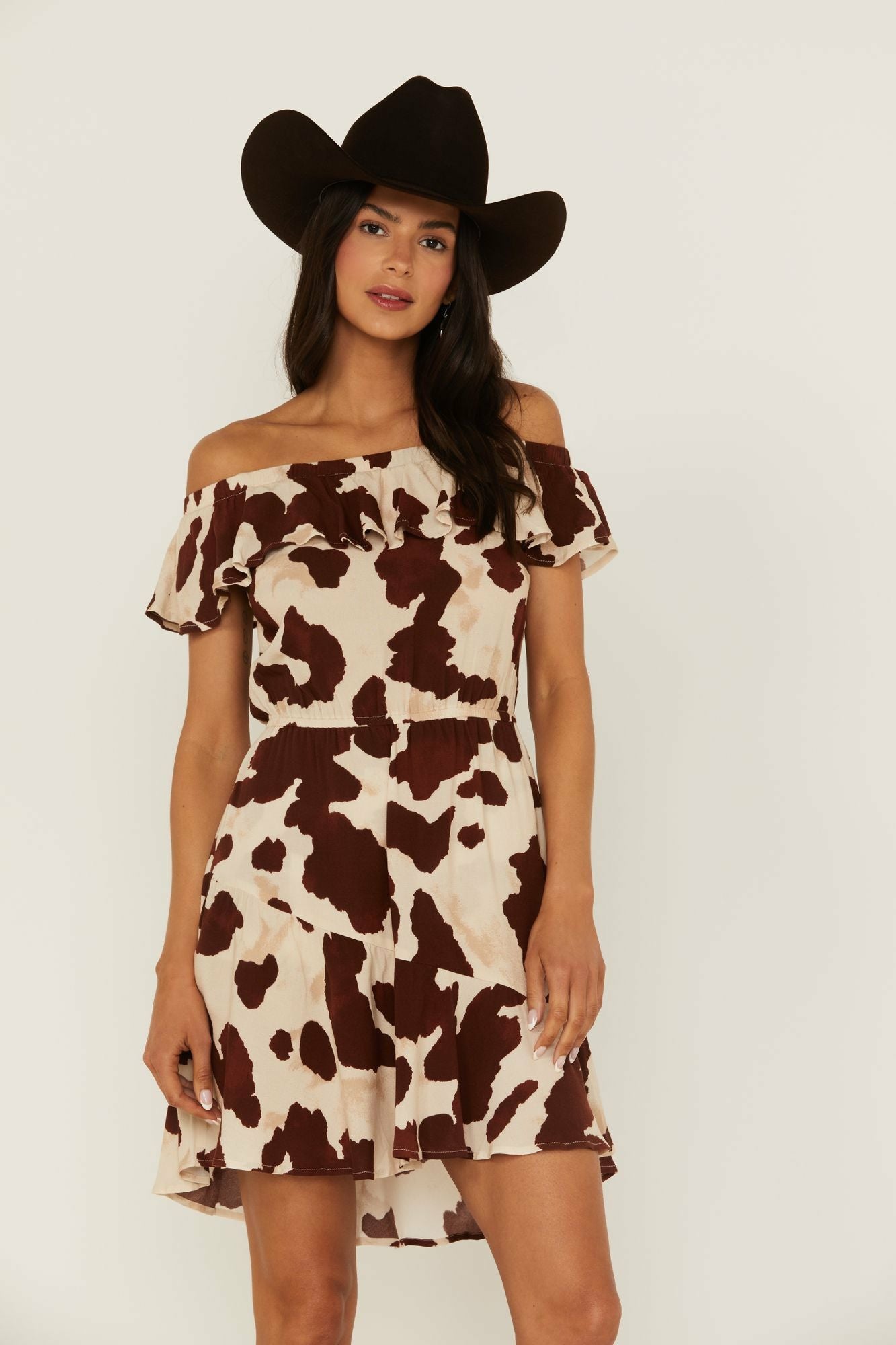 Idyllwind Made For This Off-Shoulder Cow Print Dress Tan