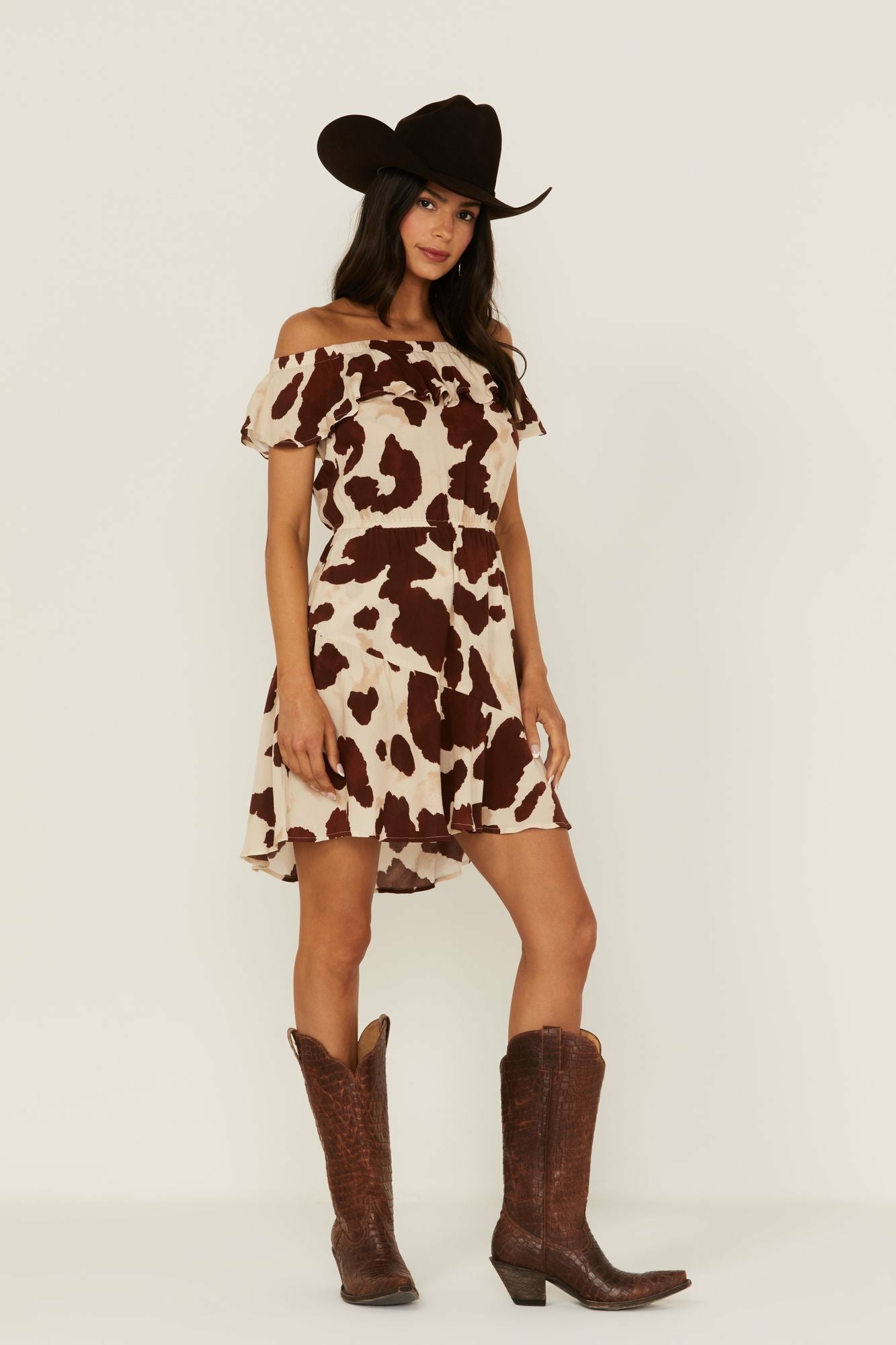 Idyllwind Made For This Off-Shoulder Cow Print Dress Tan