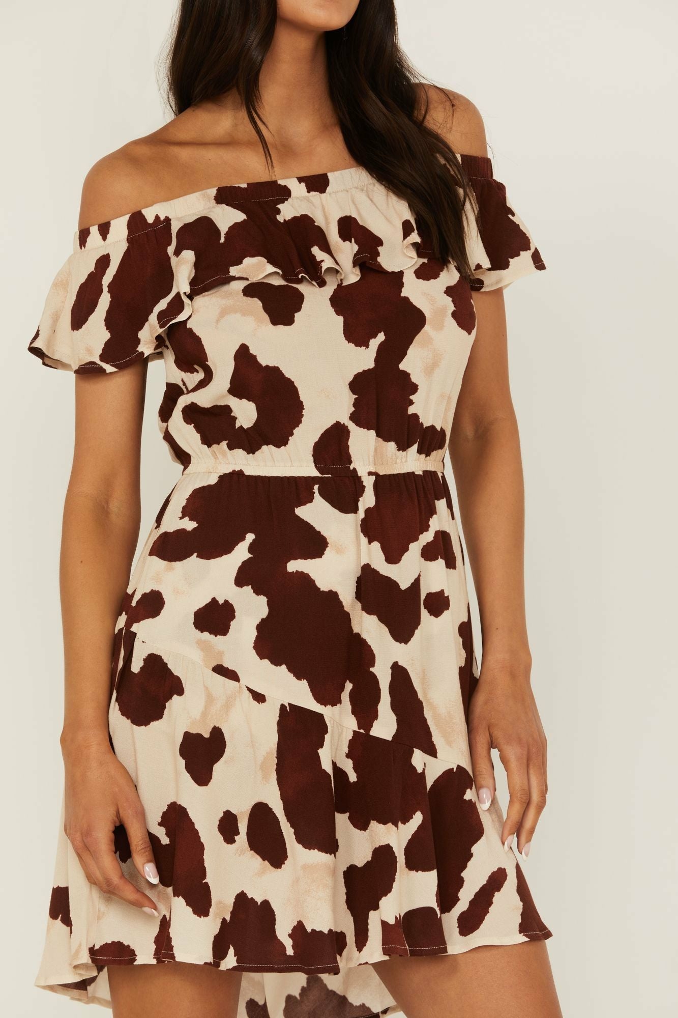 Idyllwind Made For This Off-Shoulder Cow Print Dress Tan