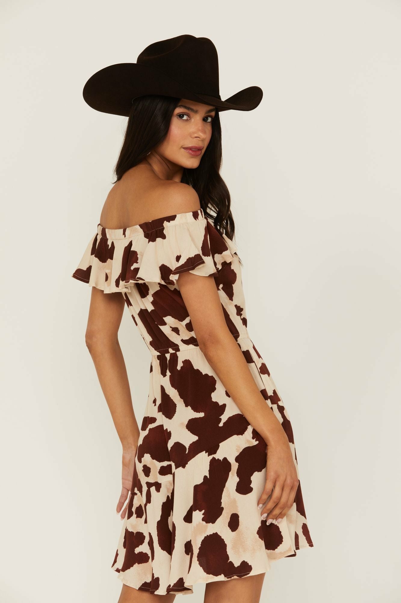 Idyllwind Made For This Off-Shoulder Cow Print Dress Tan
