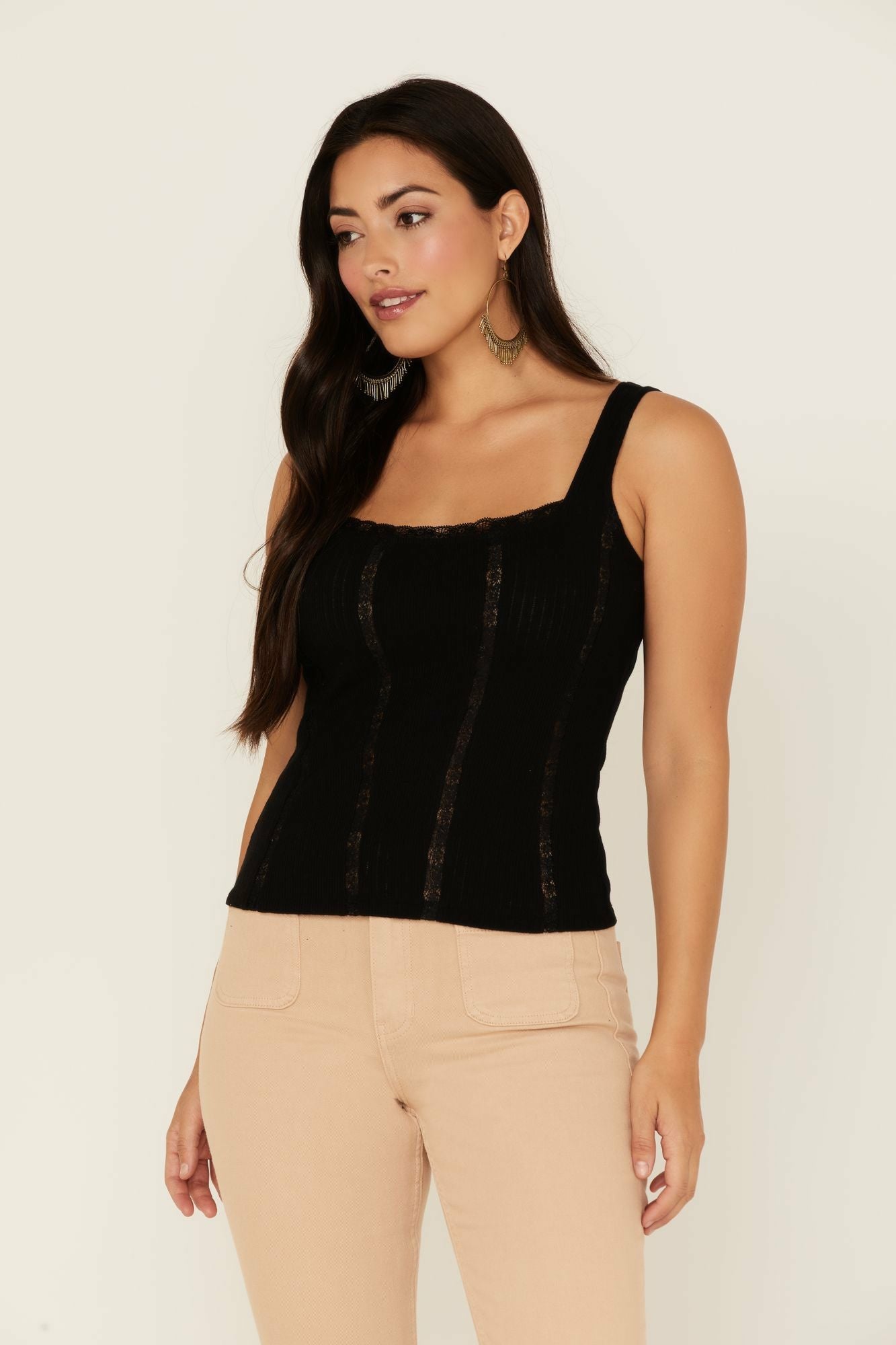 Idyllwind Sparrow Pointelle Rib Lace Tank Top Black