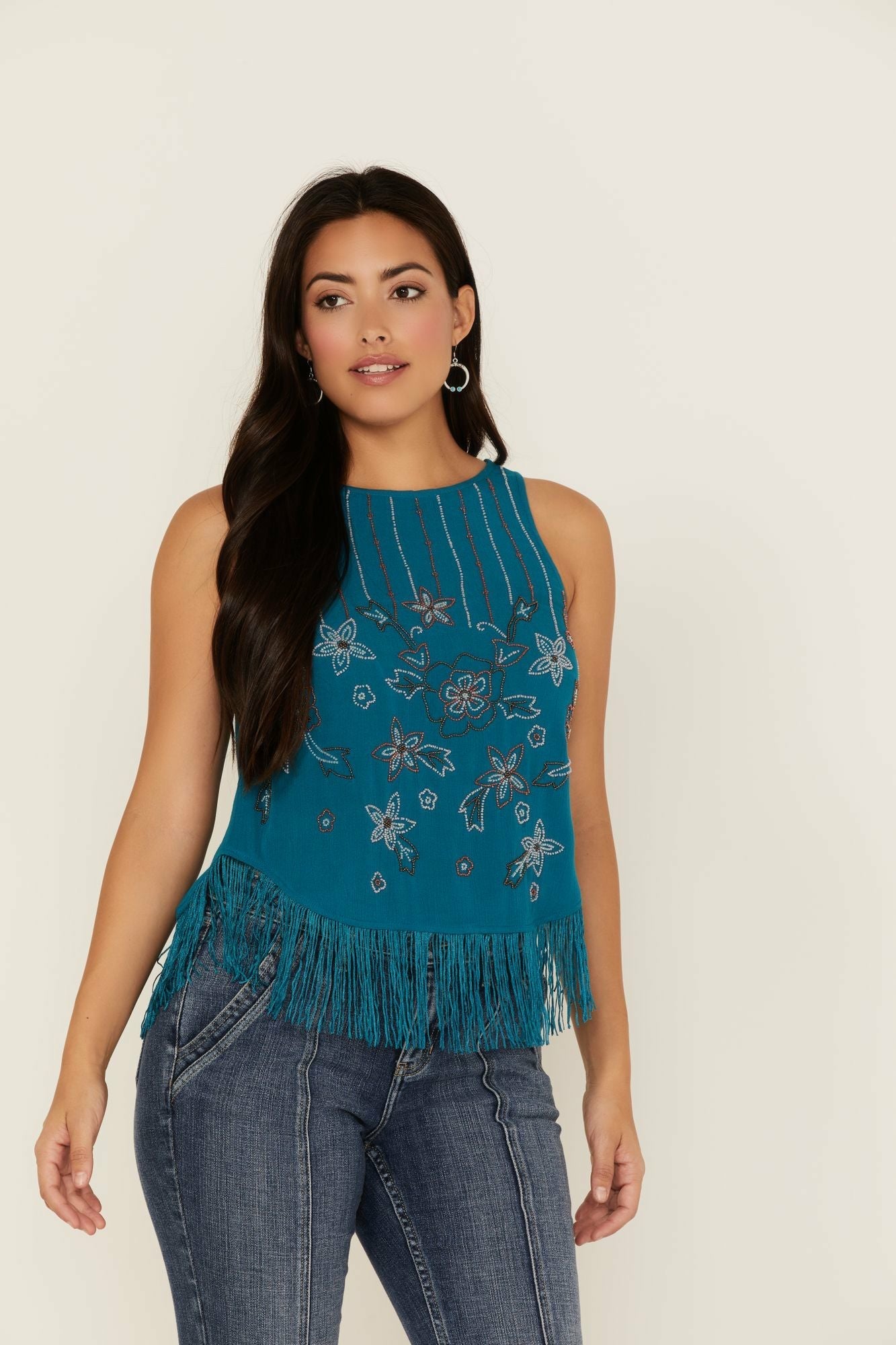 Idyllwind Cameo Beaded Fringe Tank Top Blue