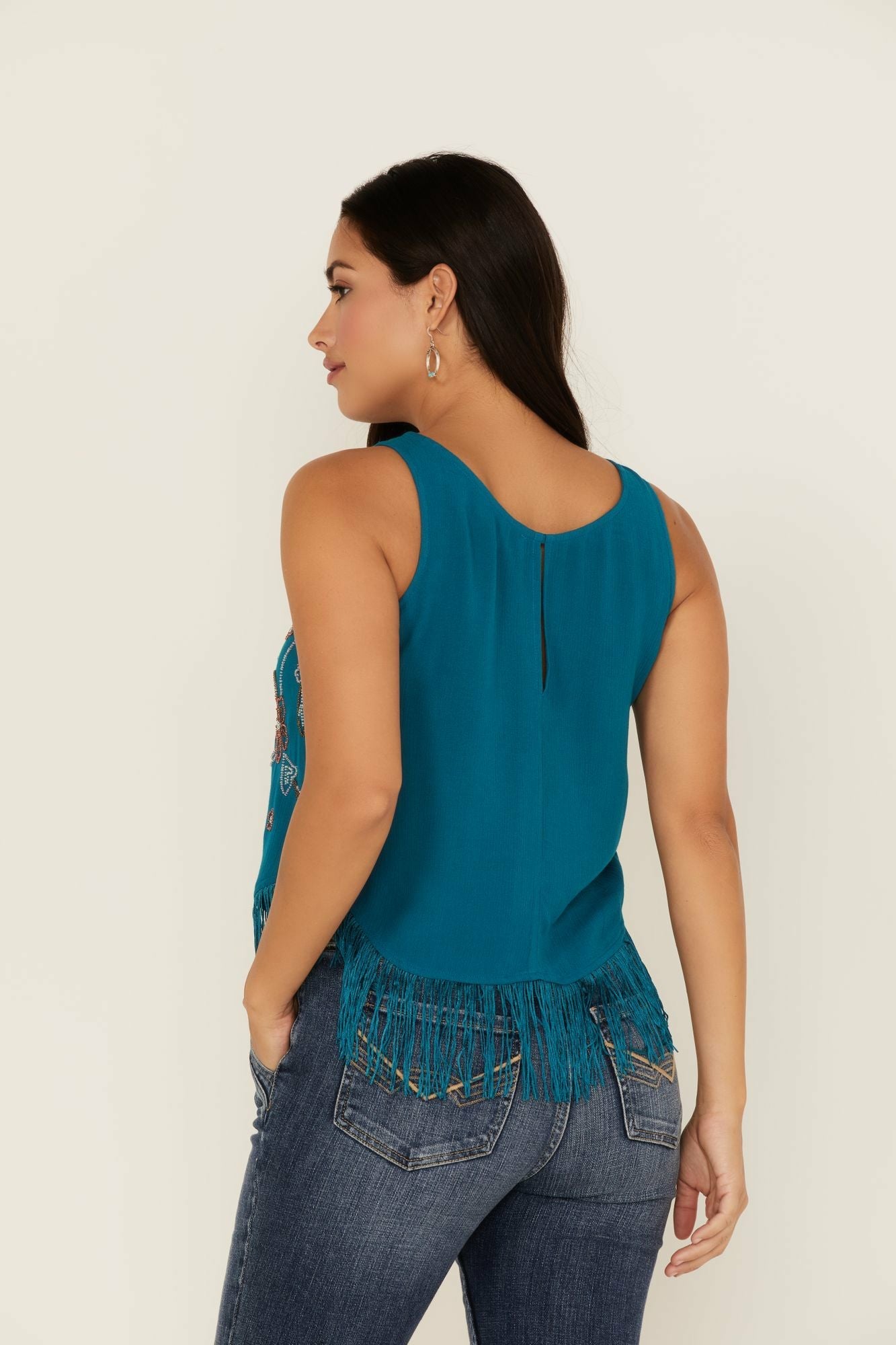 Idyllwind Cameo Beaded Fringe Tank Top Blue