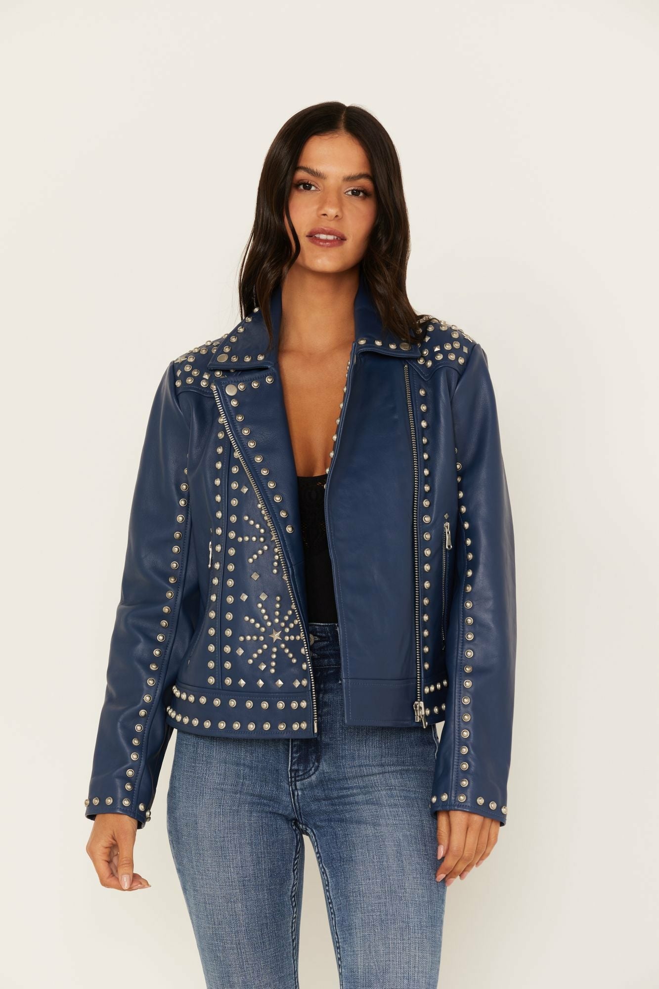 Idyllwind Studded Moto Leather Jacket Blue